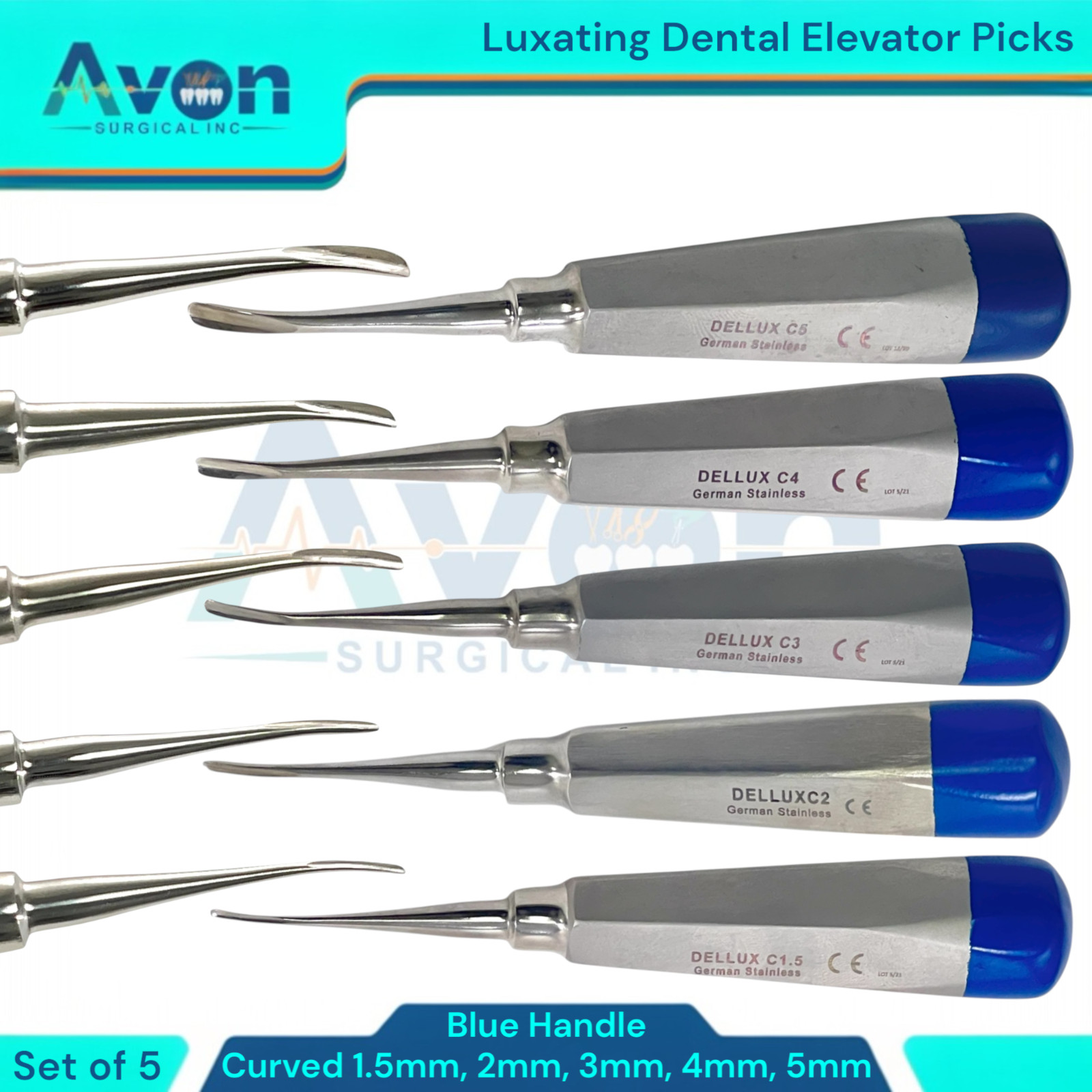 1.5mm,2mm,3mm, 4mm, & 5mm Curved Tip Dental Apical Luxating Elevators Bundle,5pc