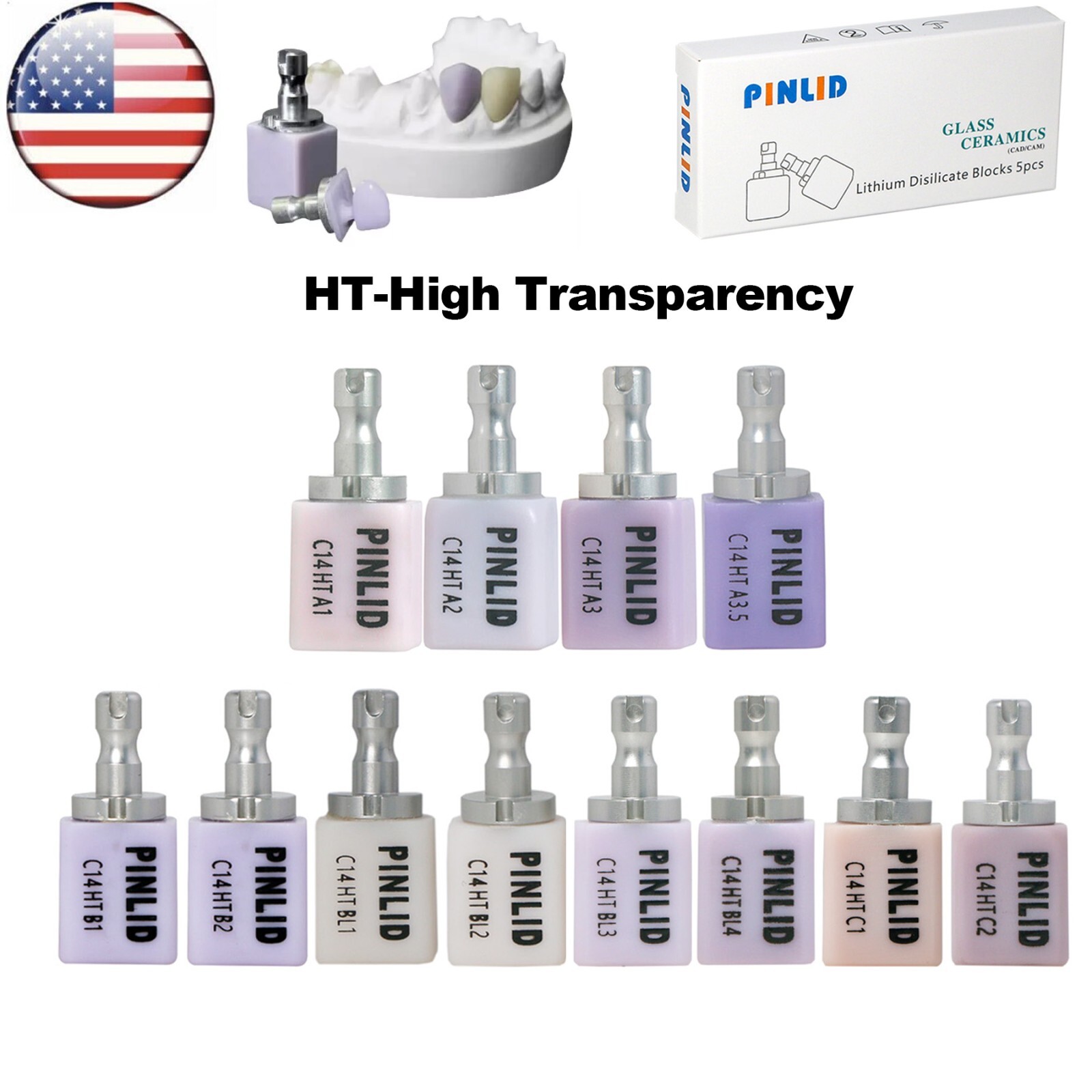 US Dental C14 HT/LT Emax Glass Ceramic Blocks Lithium Disilicate CAD/CAM CEREC