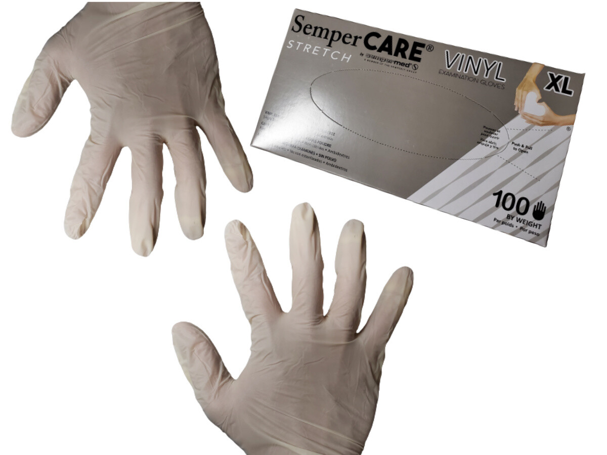 100 count Stretch White Vinyl Exam Gloves 4.7mil thick – Medium