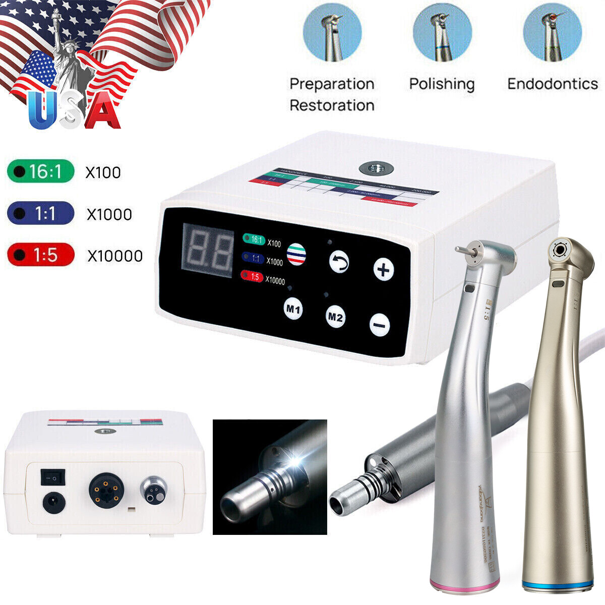 NSK Style Dental Brushless LED Electric Micro Motor/1:5 Increasing Handpiece USA
