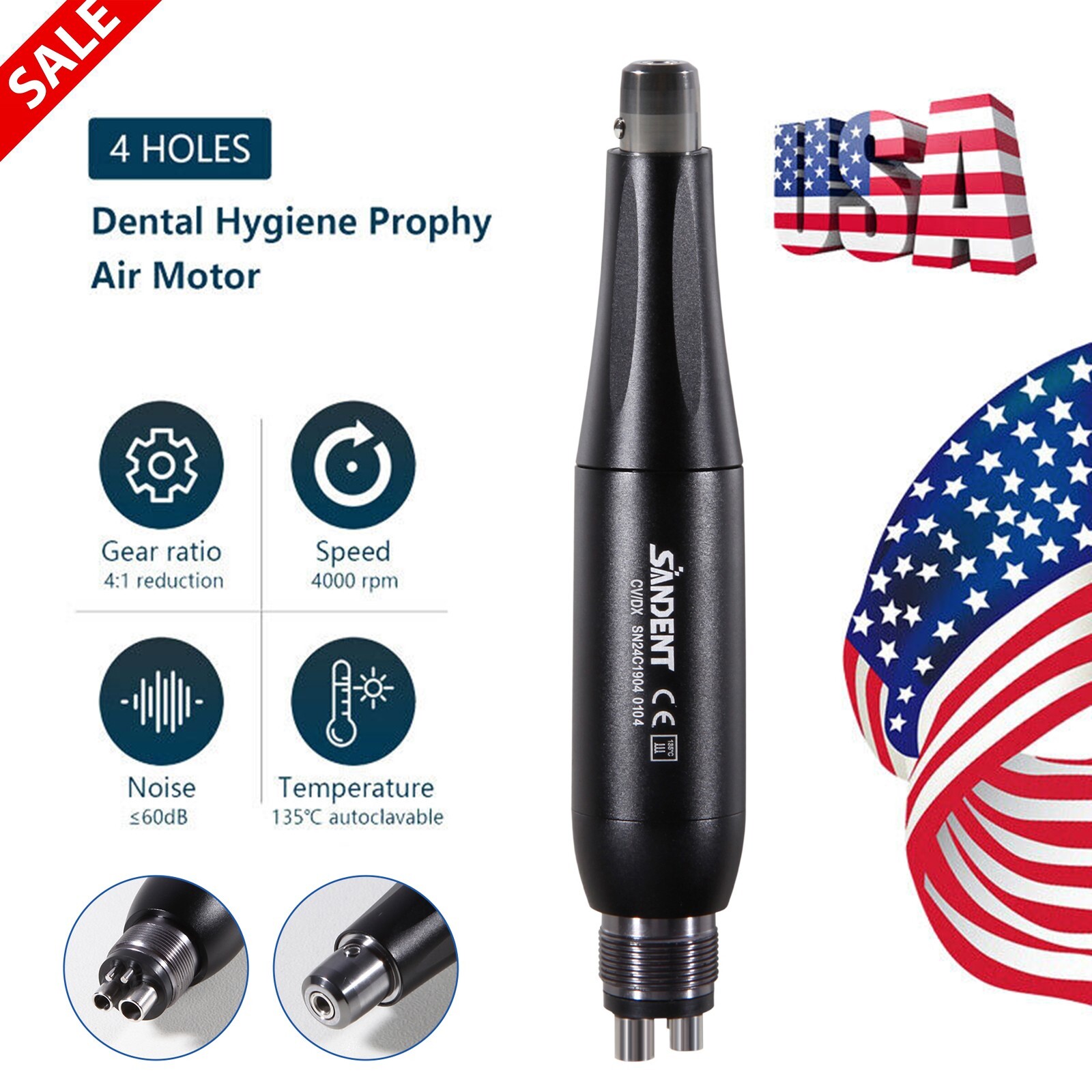 360° Swivel Dental Hygiene Prophy Handpiece Air Motor 4Holes 4:1 Nose Cone 135°C