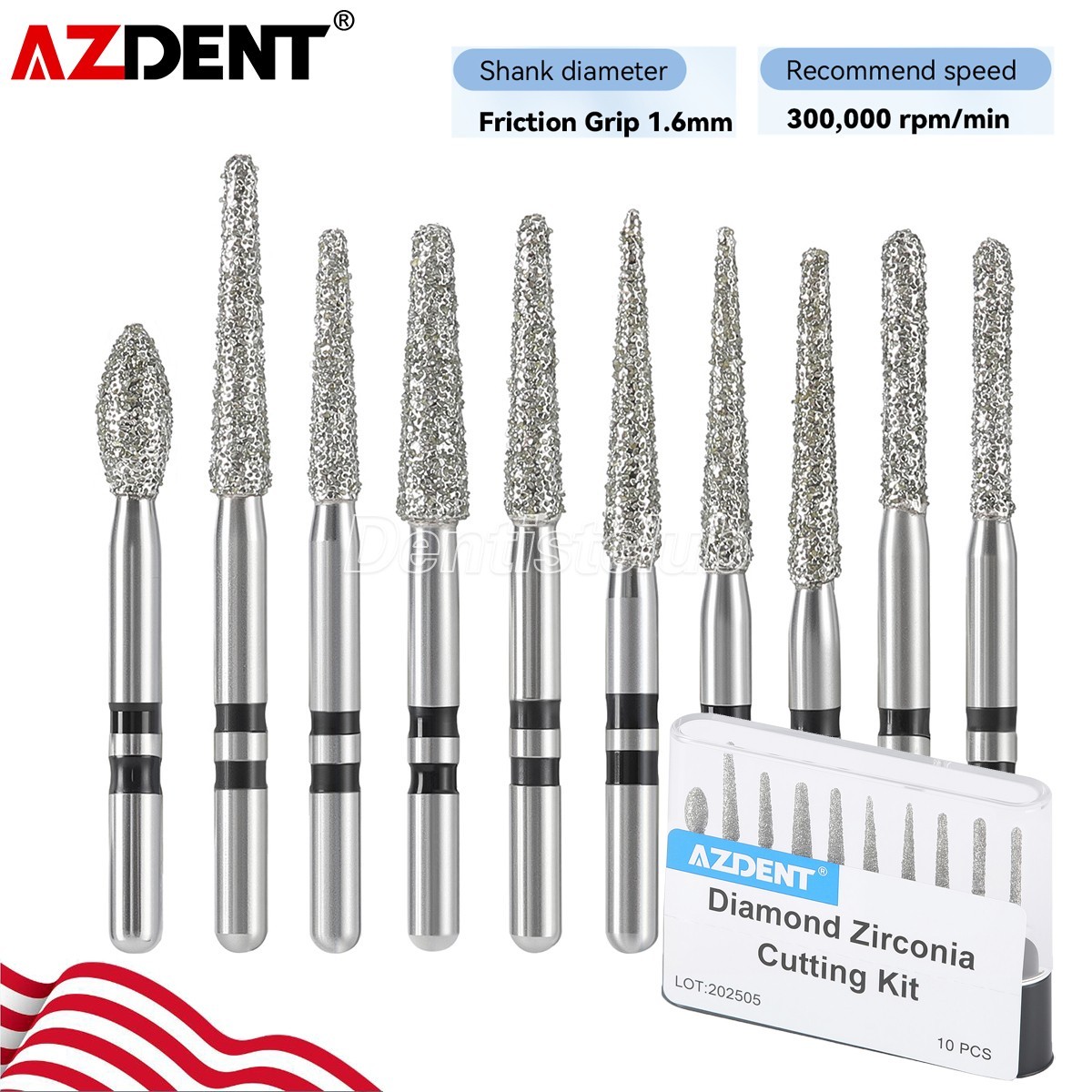 AZDENT Dental Diamond Zirconia Cutting Burs for High Speed Handpiece FG 1.6mm