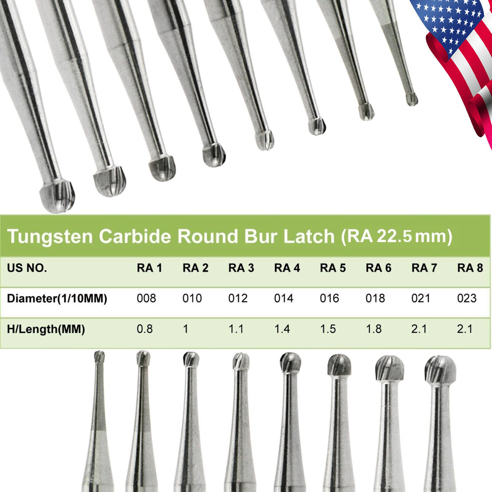 5pcs/pack Dental Round Carbide Bur for Low Speed Latch Type RA 1# -RA 8#