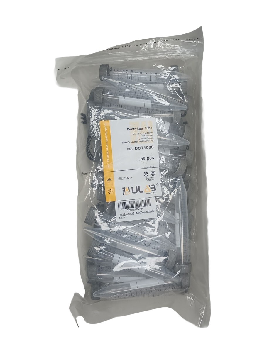 50pcs 15ml Centrifuge Tubes Conical Bottom Screw Cap Ulab 17x120mm