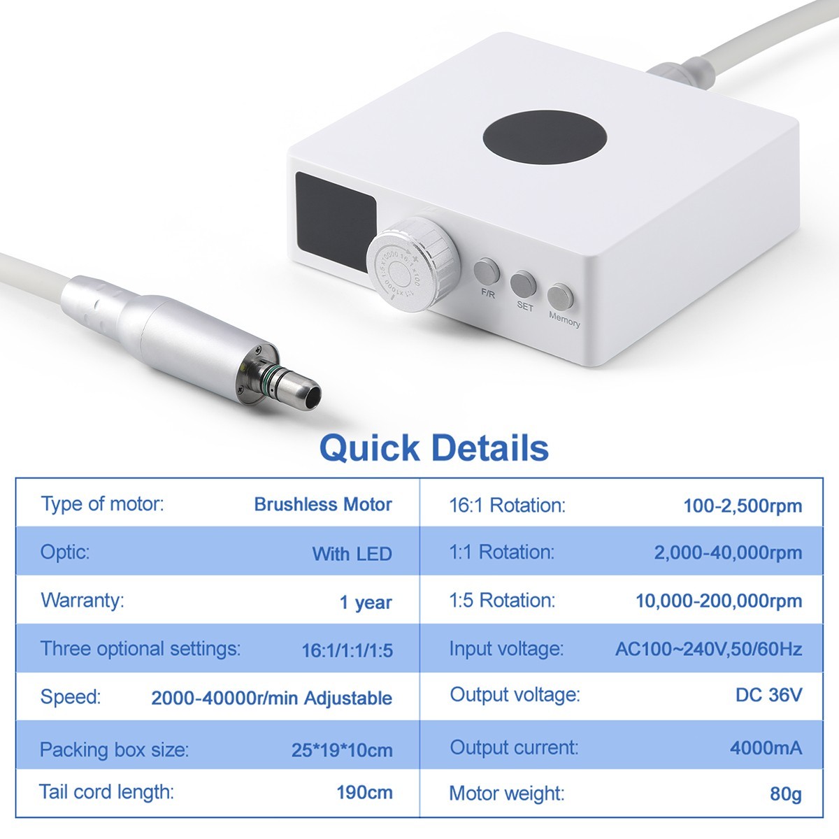 AZDENT Dental Brushless LED Electric Micro Motor Handpiece Motor 4 Hole