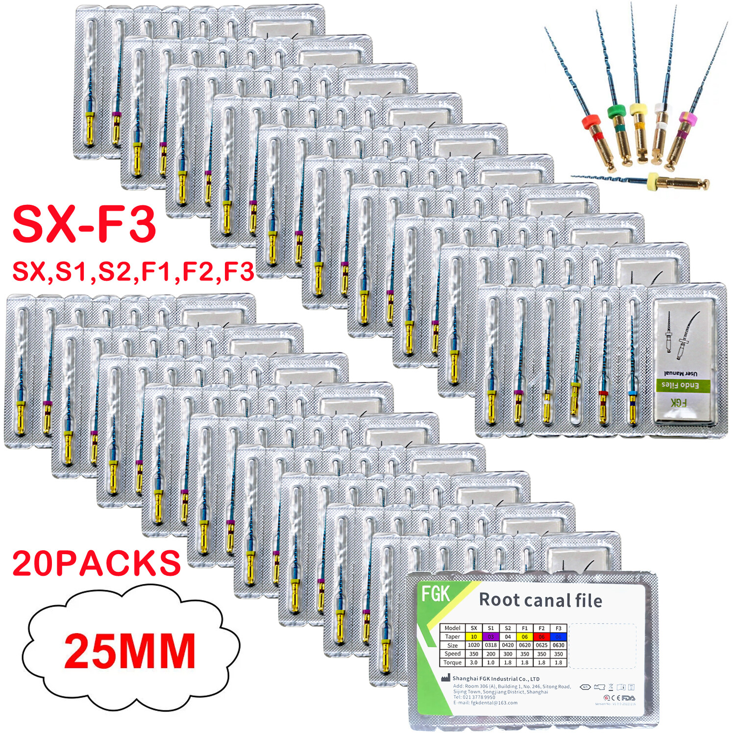 20PK Dental Endo Rotary Files Engine Use NITI Taper Blue SX S1 S2 F1 F2 F3 25MM