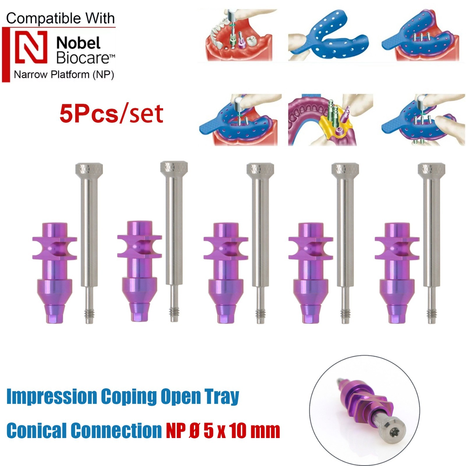 US 5Pcs Nobel Scan Body Analog Open Closed Tray Impression Transfer Conical Hex