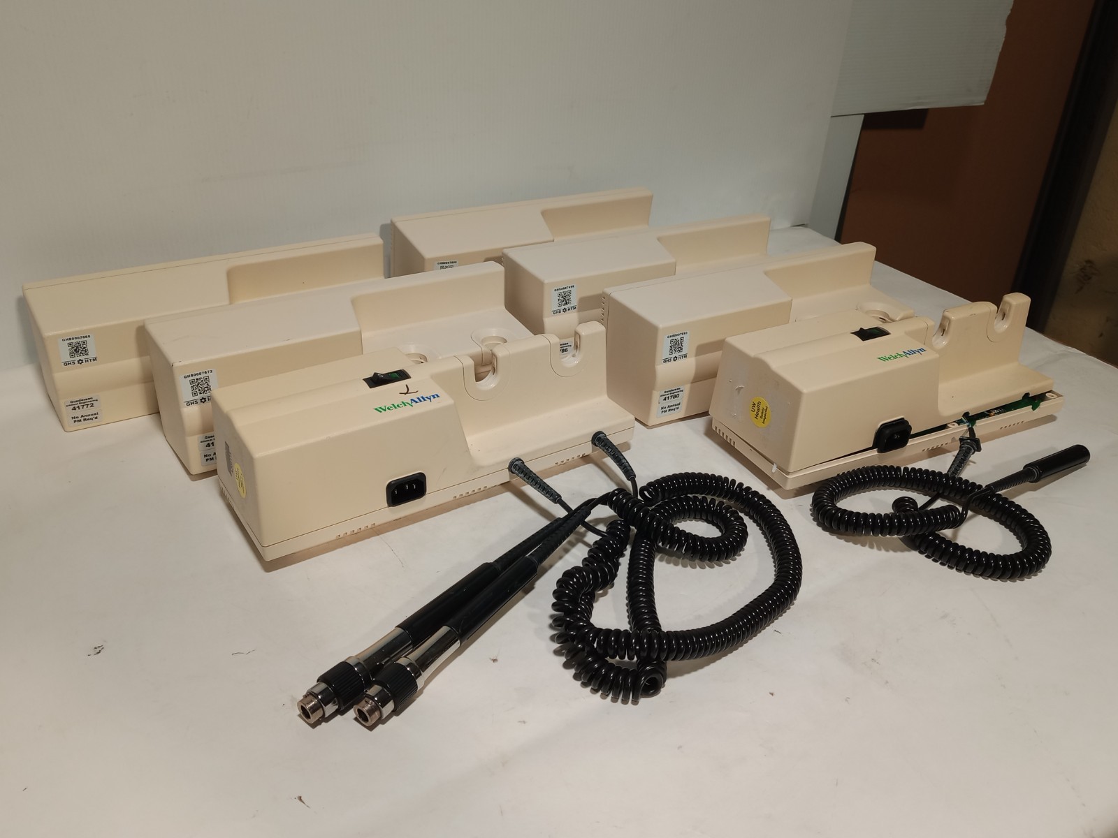 Lot of 7 Welch Allyn 767 Wall Transformers and 3 Handpieces/ Handles, As Shown