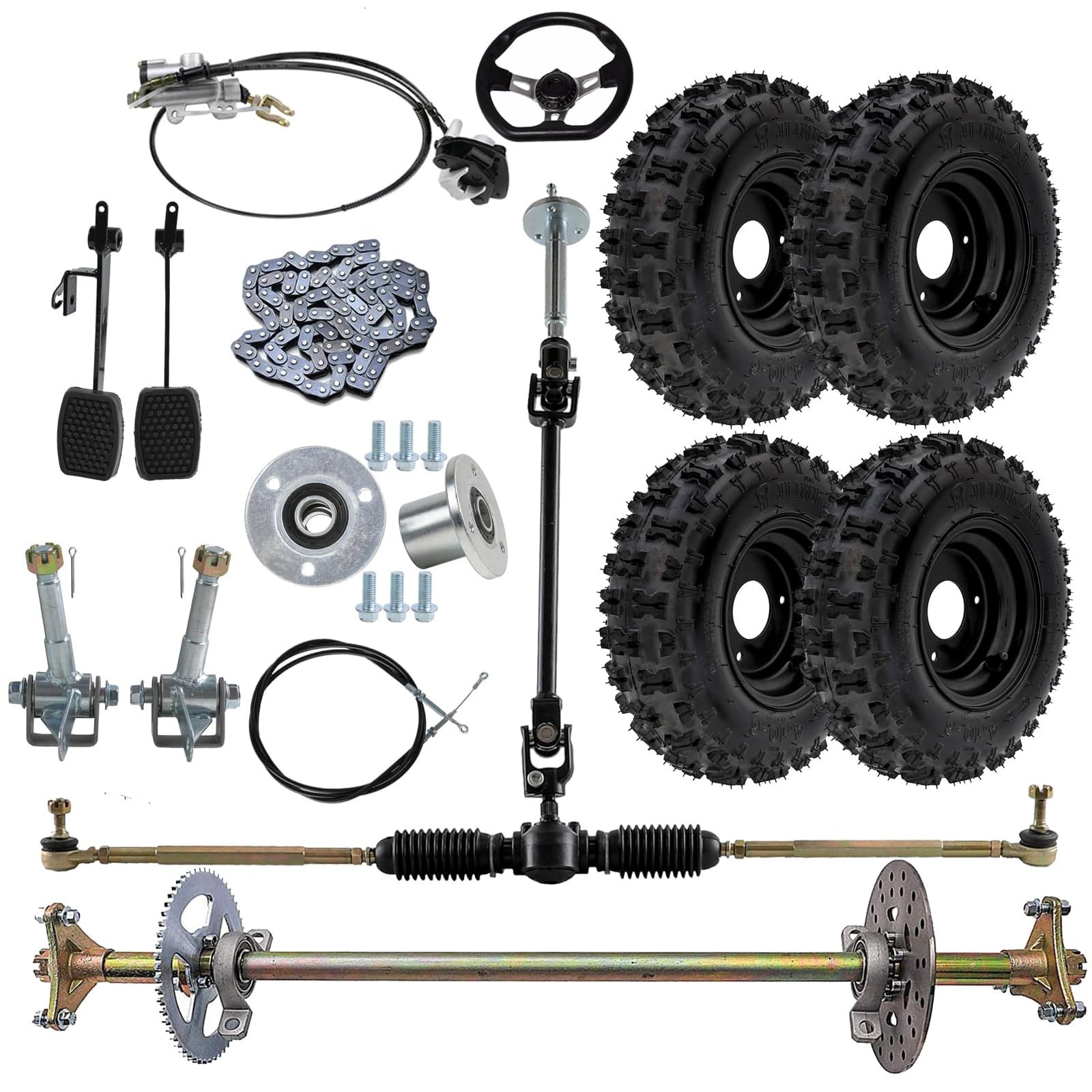 29 Go Kart Rear Axle Kit 6 4.10-6 Wheels Spindles Brake Steering Gear 3Stud Hubs