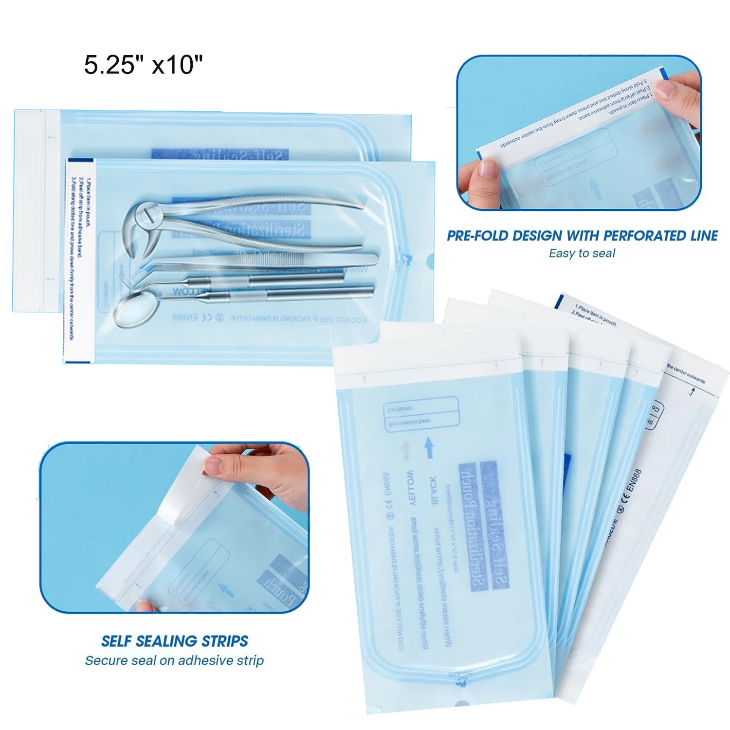Sterilization Pouches- 5.25 ” x 10 ” Dental Medical Self Seal Pouch Bag 1000pcs