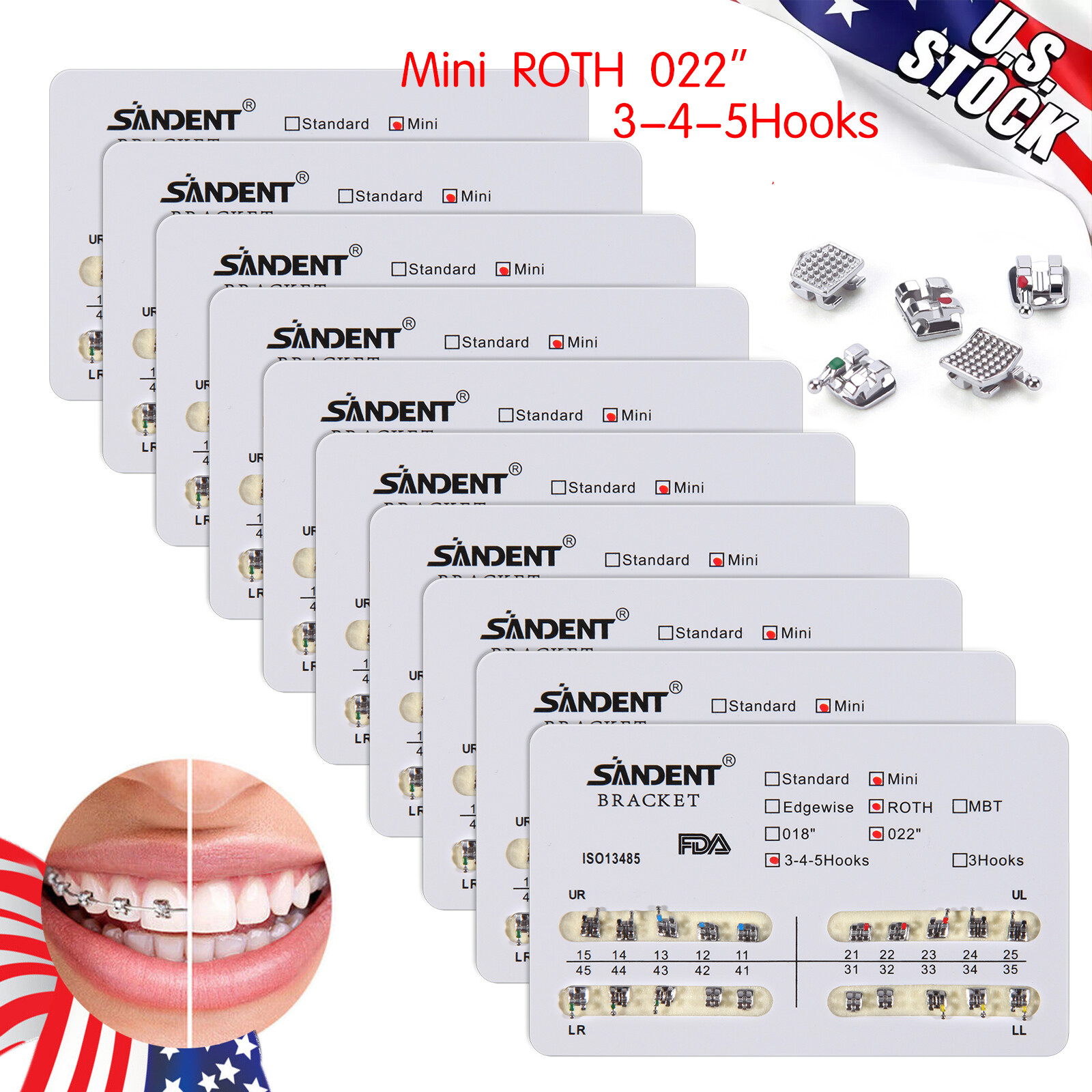 10Packs Dental Orthodontic Metal Brackets Braces Mini Roth.022 Hooks 345 Ortho