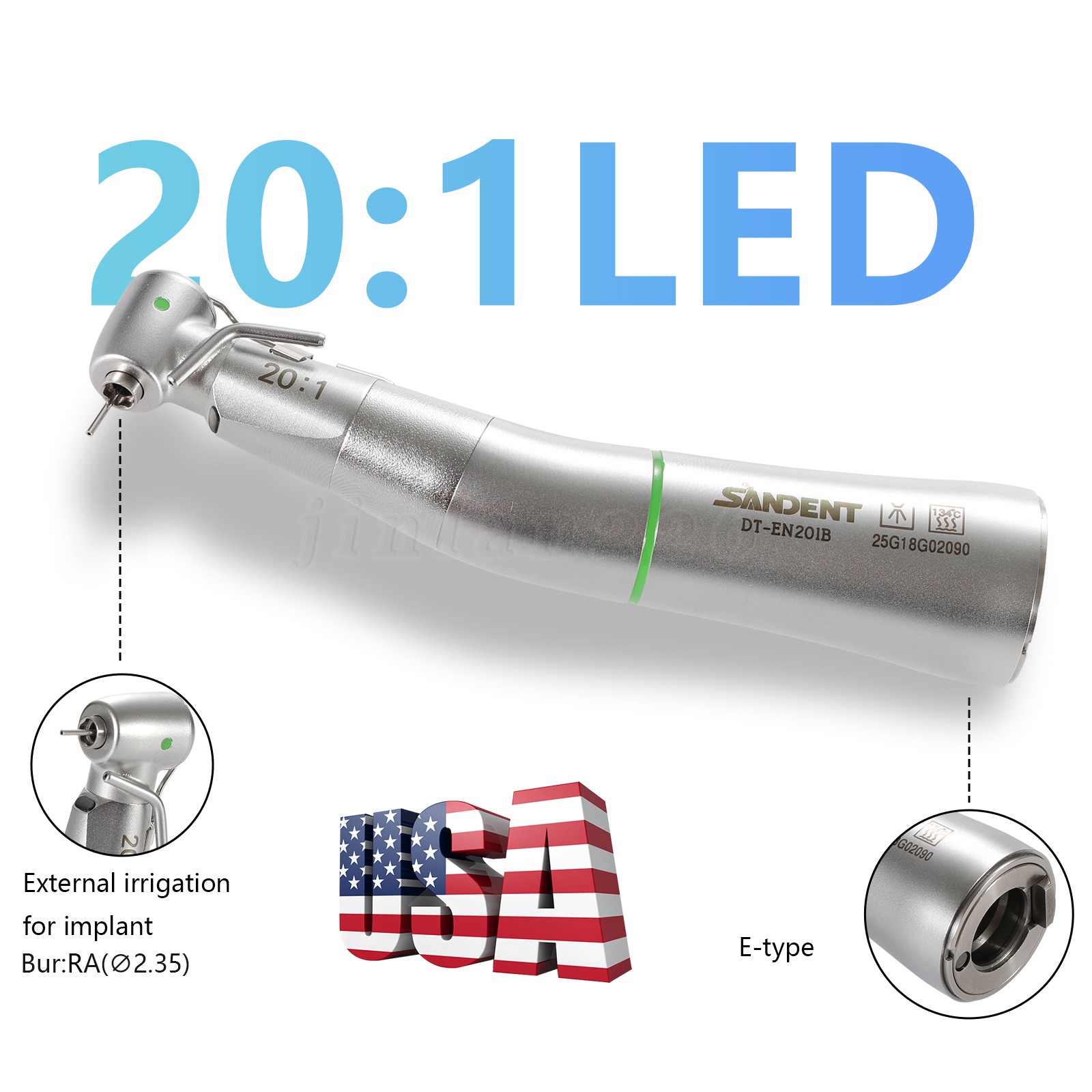 LED Fiber Optic 20:1 Detachable 75N Dental 20:1 Reduction Implant Handpiece