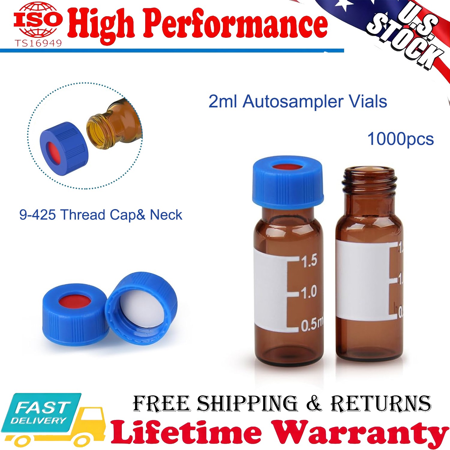 1000PCS 2mL Glass Vials Amber Autosampler vials w Screw Caps 9-425 HPLC GC PTFE