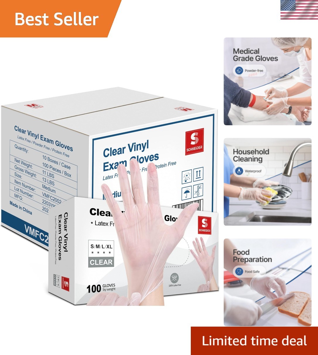 Clear Vinyl Exam Gloves, Latex-Free, Disposable Medical Gloves, Cleaning Glov…