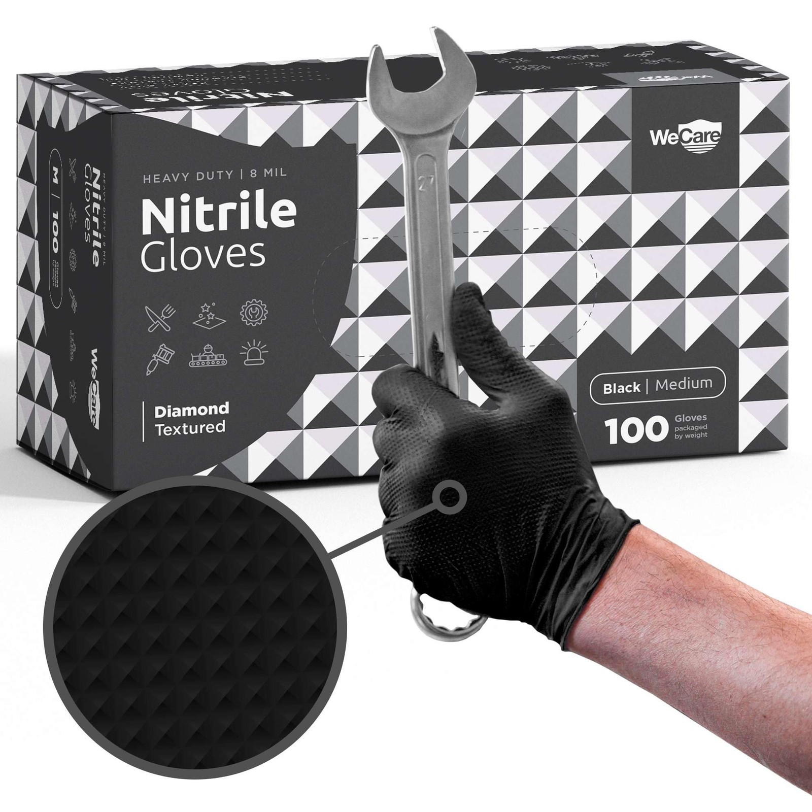 WECARE 8 Mil Nitrile Gloves, Medium, 100 Pack, Diamond Grip, Powder~Free
