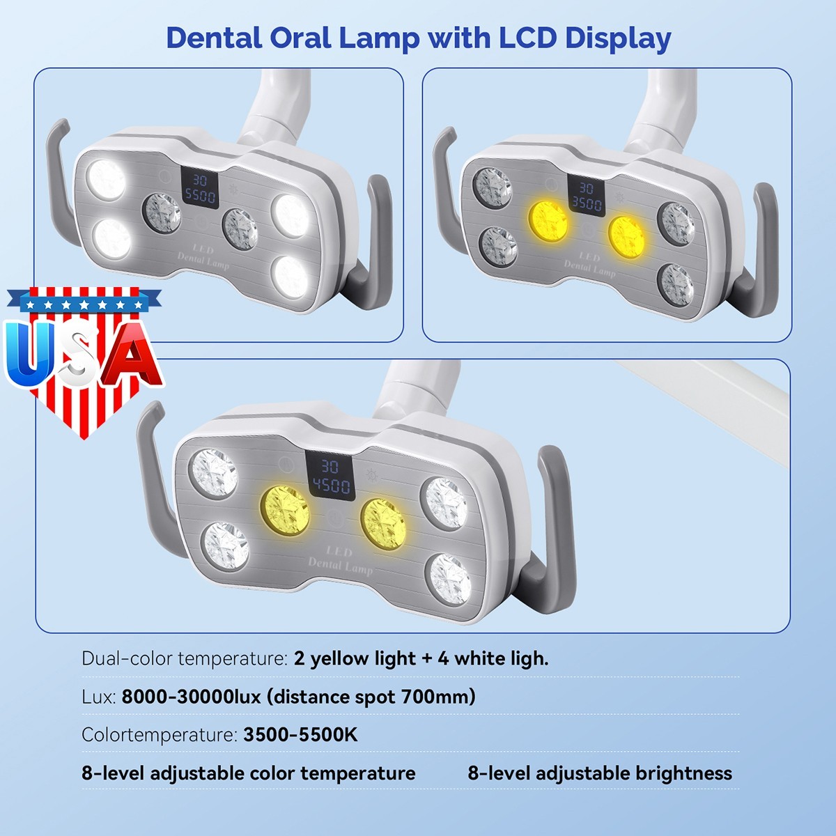 Dental Oral Cold Light Lamp For Chair Unit 6LED LCD Display Lamp 2Yellow+4White