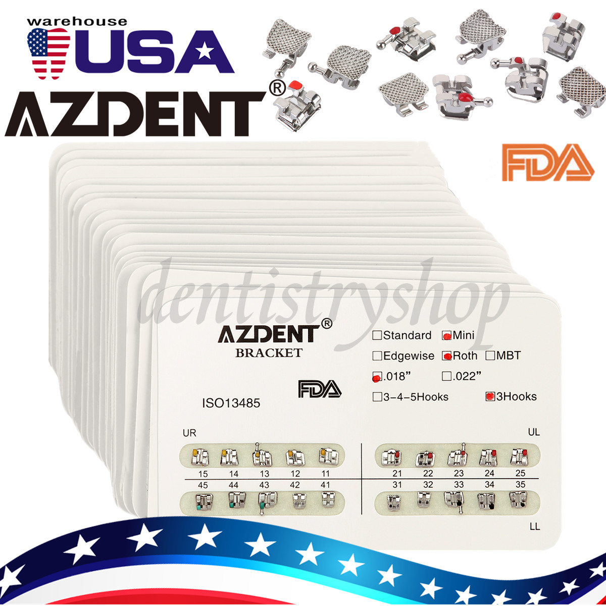 20X AZDENT Dental Orthodontic Bracket Braces Mini Standard Roth MBT 018 022 FDA