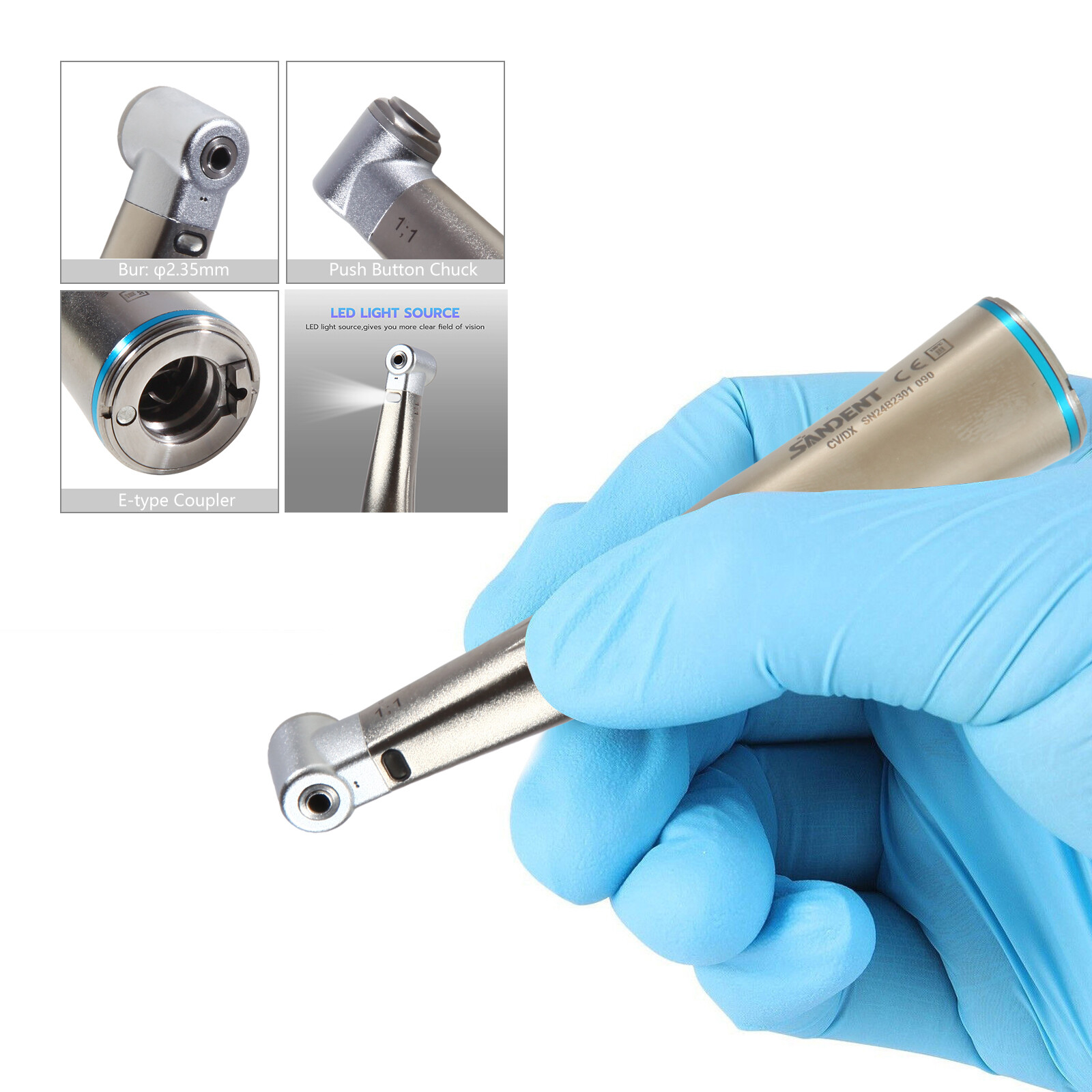 Dental 1:1 Contra Angle LED Fiber Optic Handpiece Fit NSK Electric Motor X25L