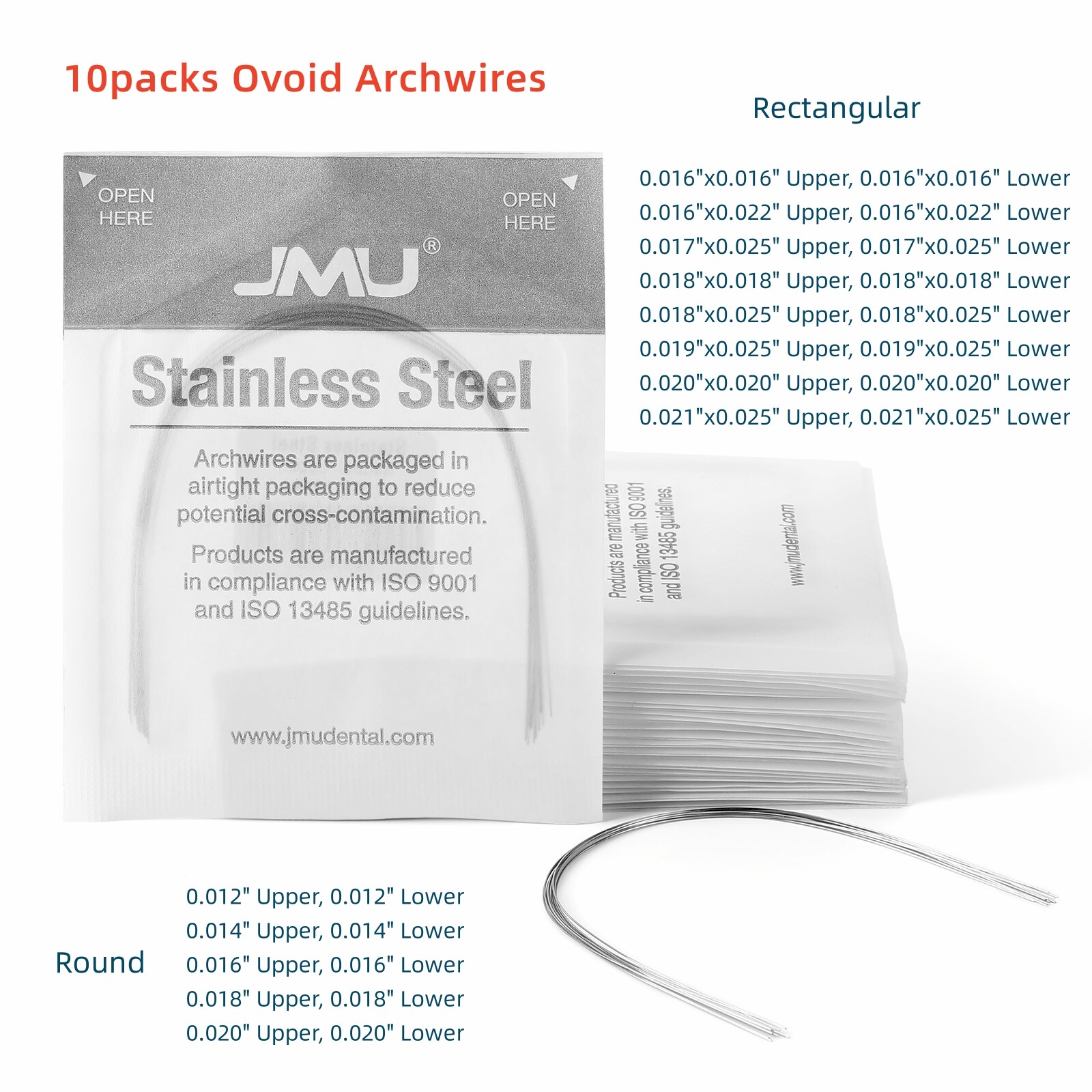 100pcs JMU Dental Ovoid Orthodontic Stainless steel Arch Wire Round Rectangular