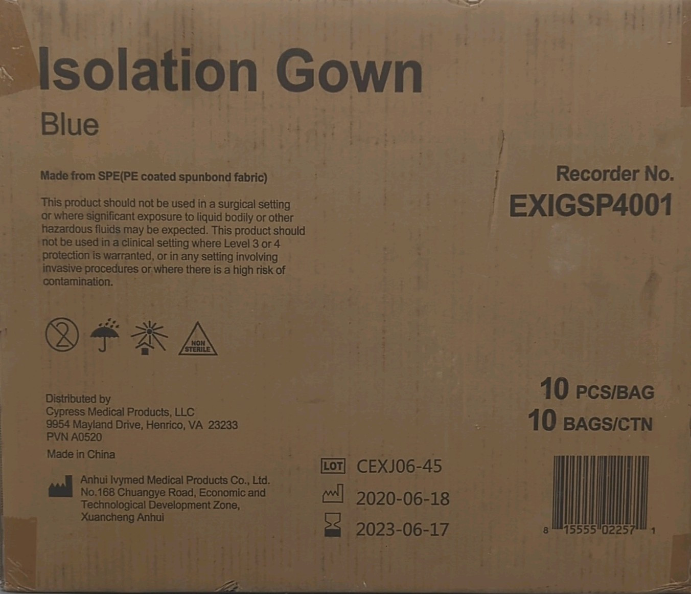 100 PCS Box Cypress Medical Products Isolation Gown Blue EXIGSP4001 Physical Lab