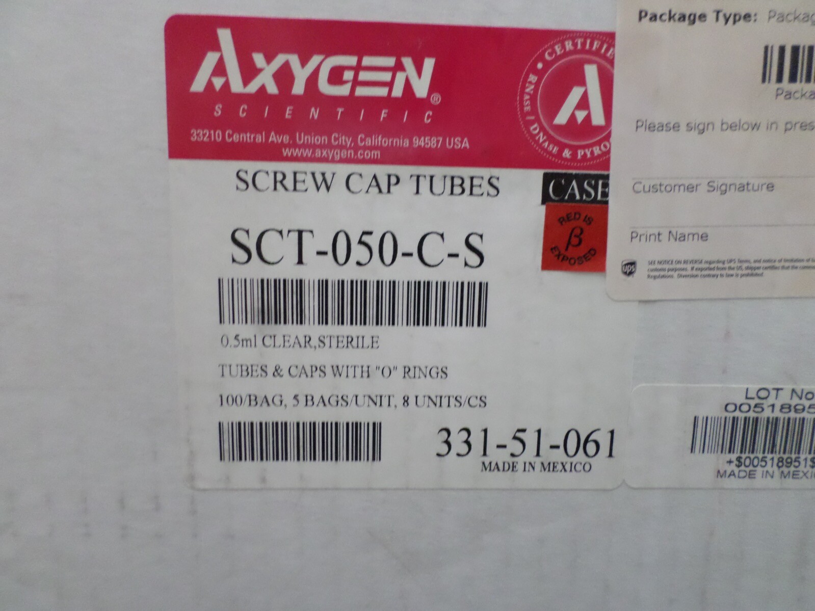 AXYGEN 0.5mL Clear Sterile PP Conical Screw Cap Microcentrifuge Tubes (4000/Cs)