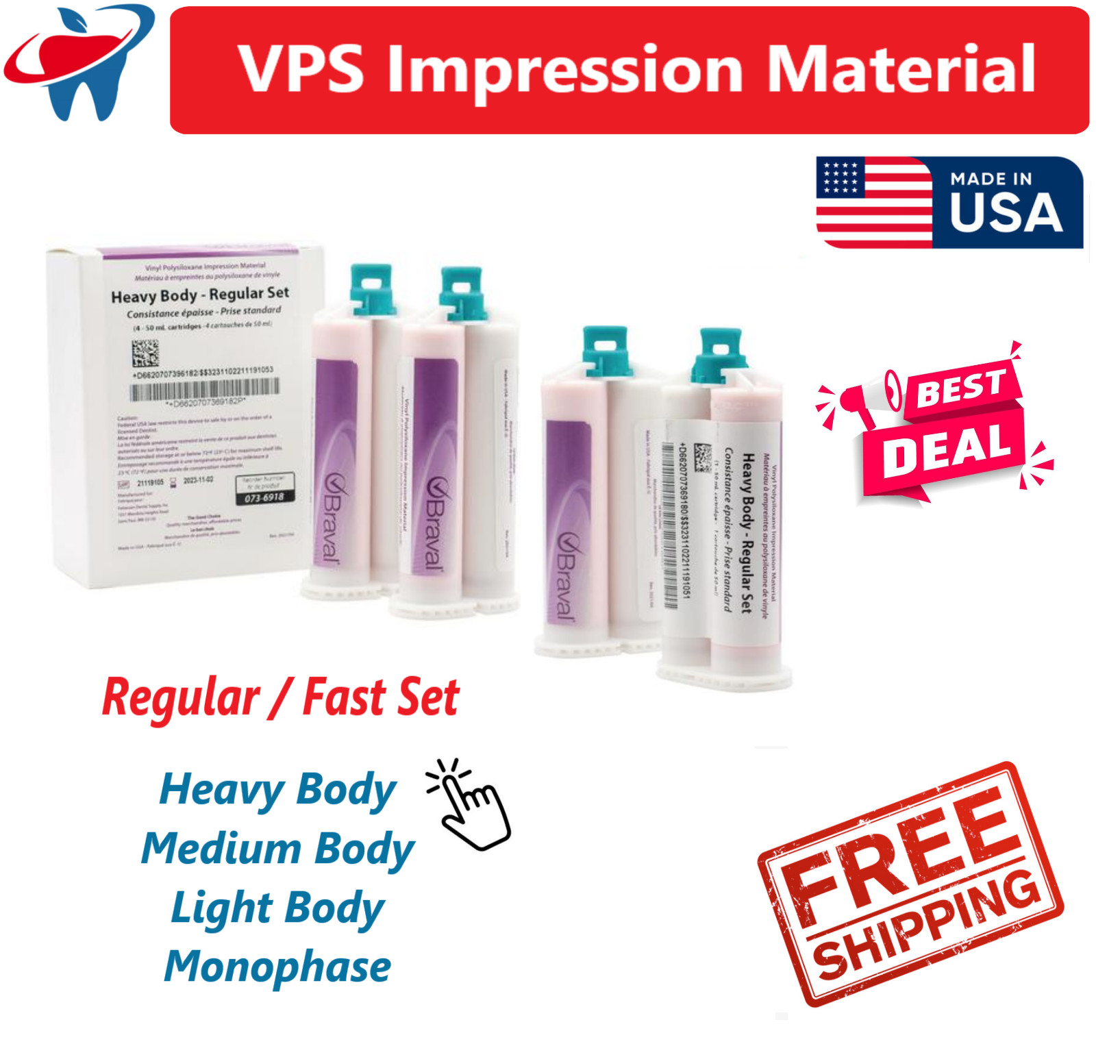 4/Box, AMGoods Heavy Body Fast Set Impression Material VPS Dental PVS 50ml USA