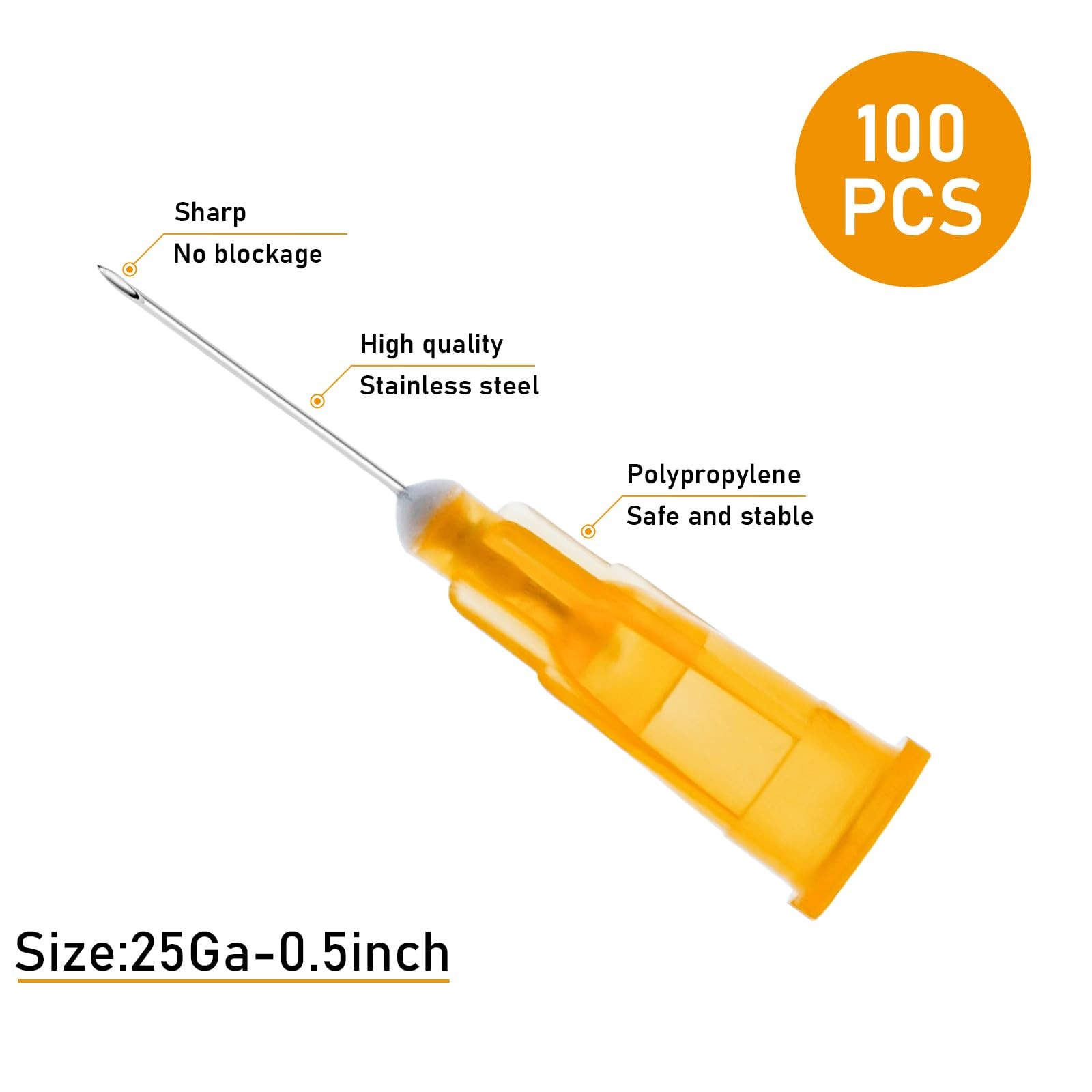 100Pack 25 Gauge 1/2 Inch Lab Needdles, Disposable Luer 25G-1/2”, 100 Pack