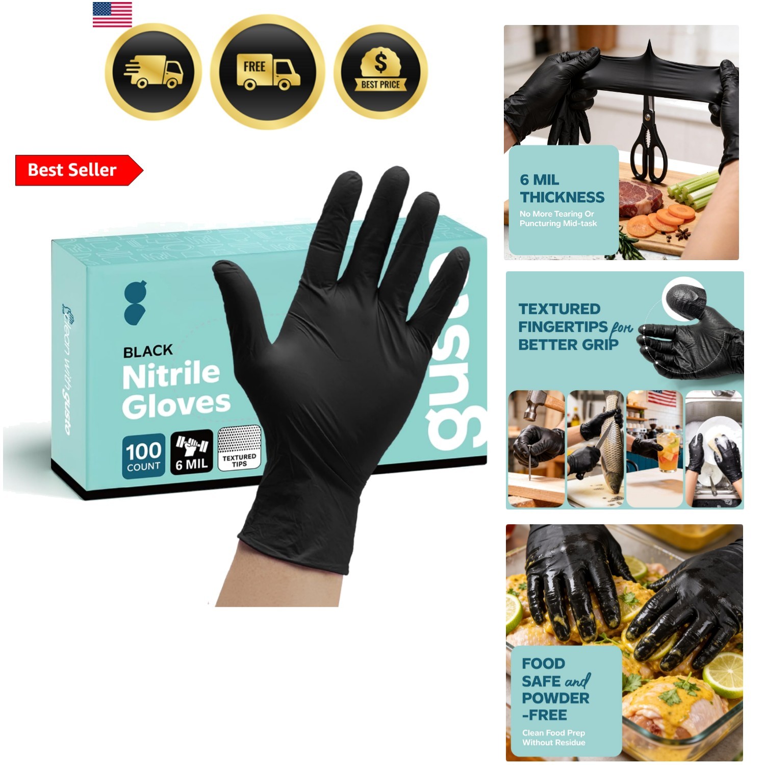 Black Nitrile Gloves [100 Count] 6 Mil, HEAVY DUTY Disposable Gloves for Food…