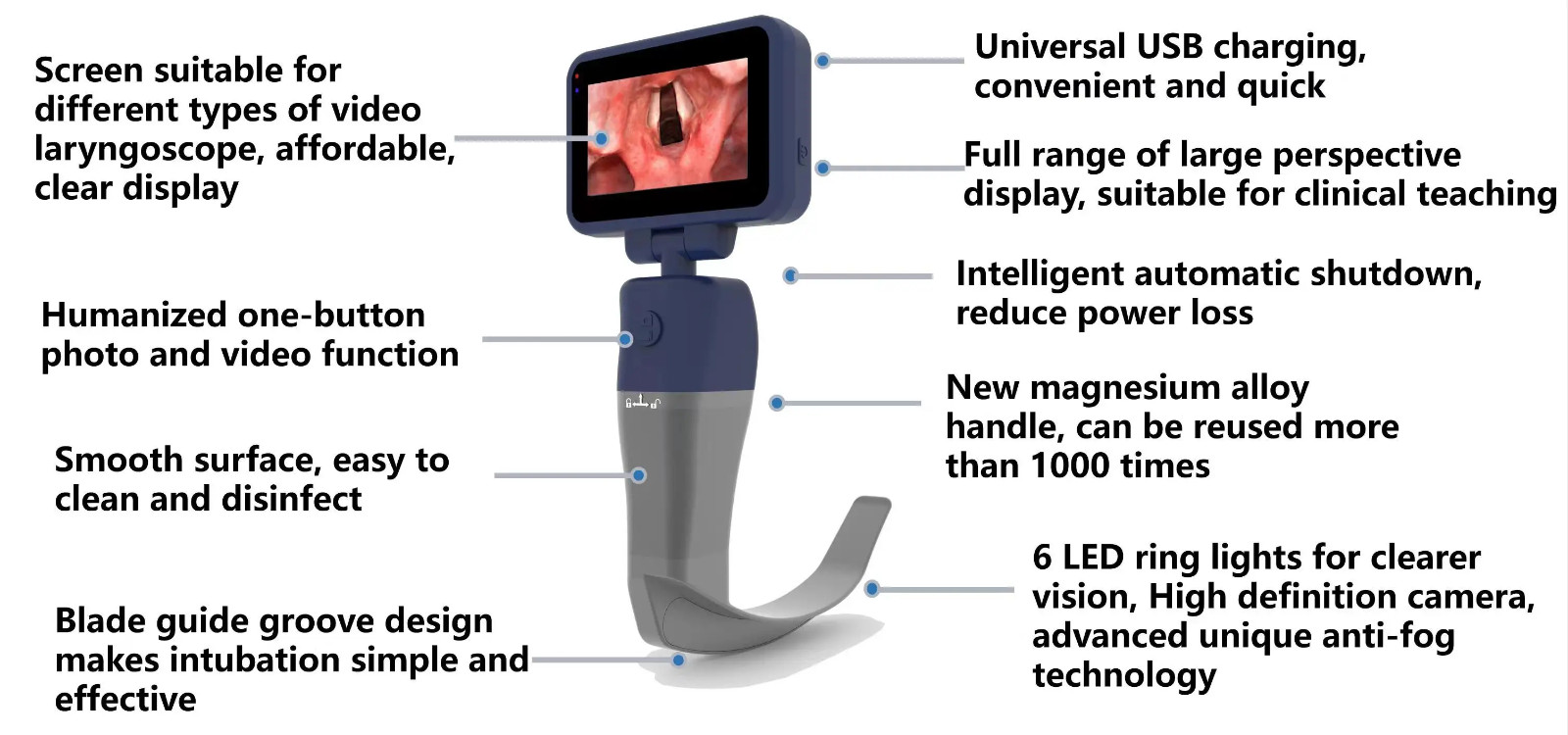 Touch Screen Video Laryngoscope Reusable Sterilizable Blades six option