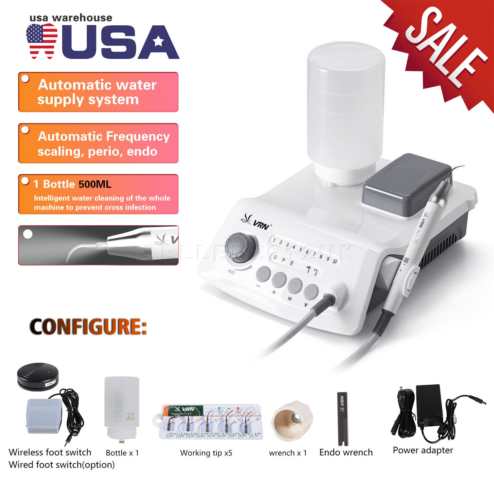 Woodpecker Style Dental LED Ultrasonic Scaler Scaling Perio Endo Handpiece+Tips