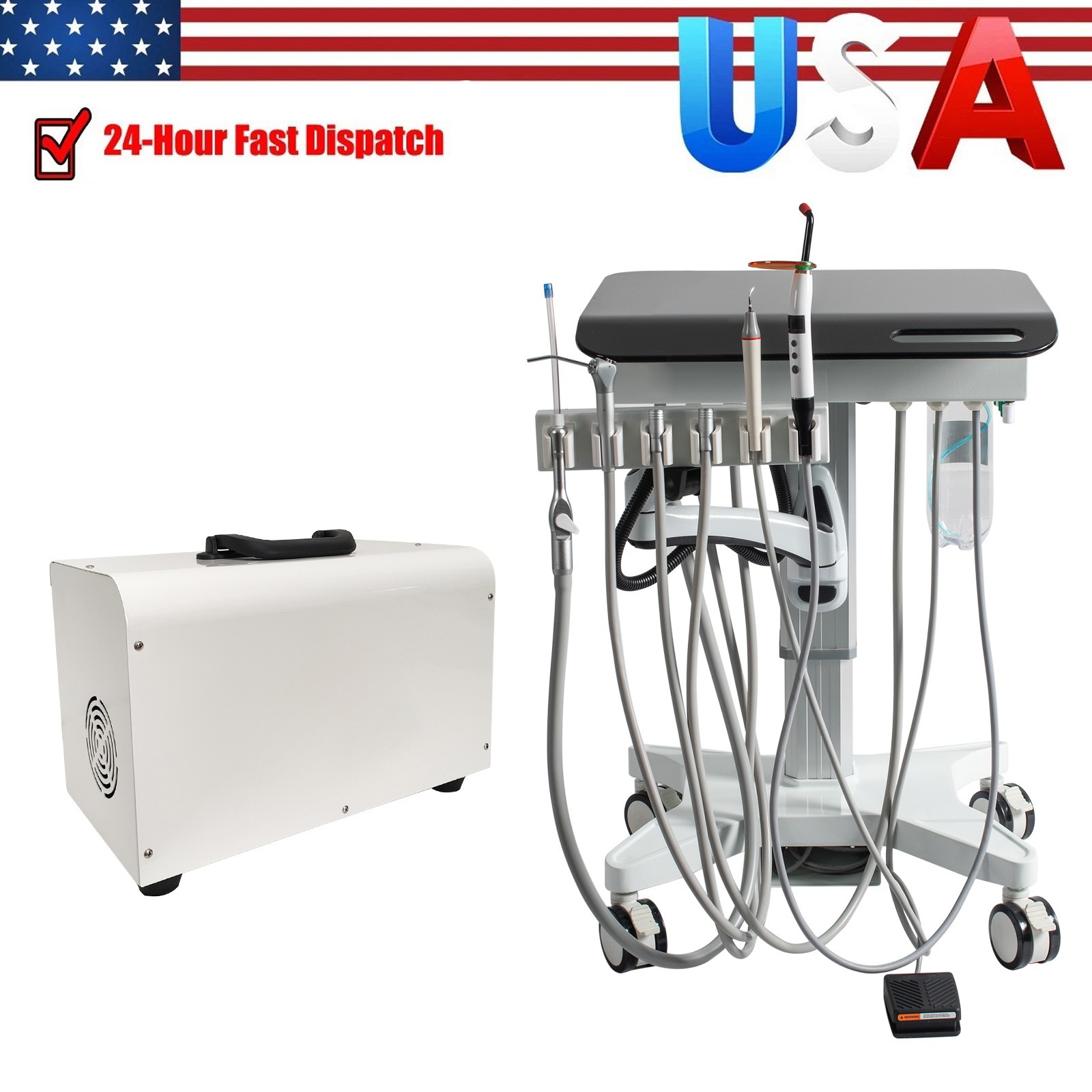 Mobile Veterinary Dental Unit Cart + Oil Free Air Compressor 4Holes