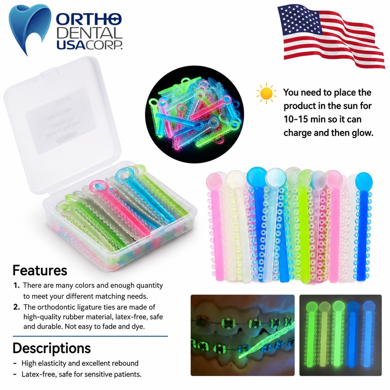 Ligature Ties Glow in the dark Dental Orthodontic Elastic Mix colors USA SELLER