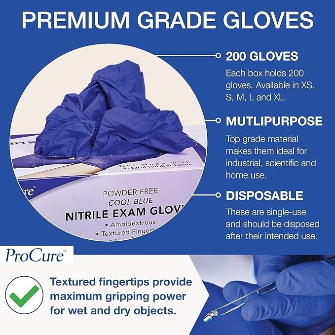 ProCure Disposable Nitrile Gloves, 200 Count, Powder Free, Rubber Latex Free, XL
