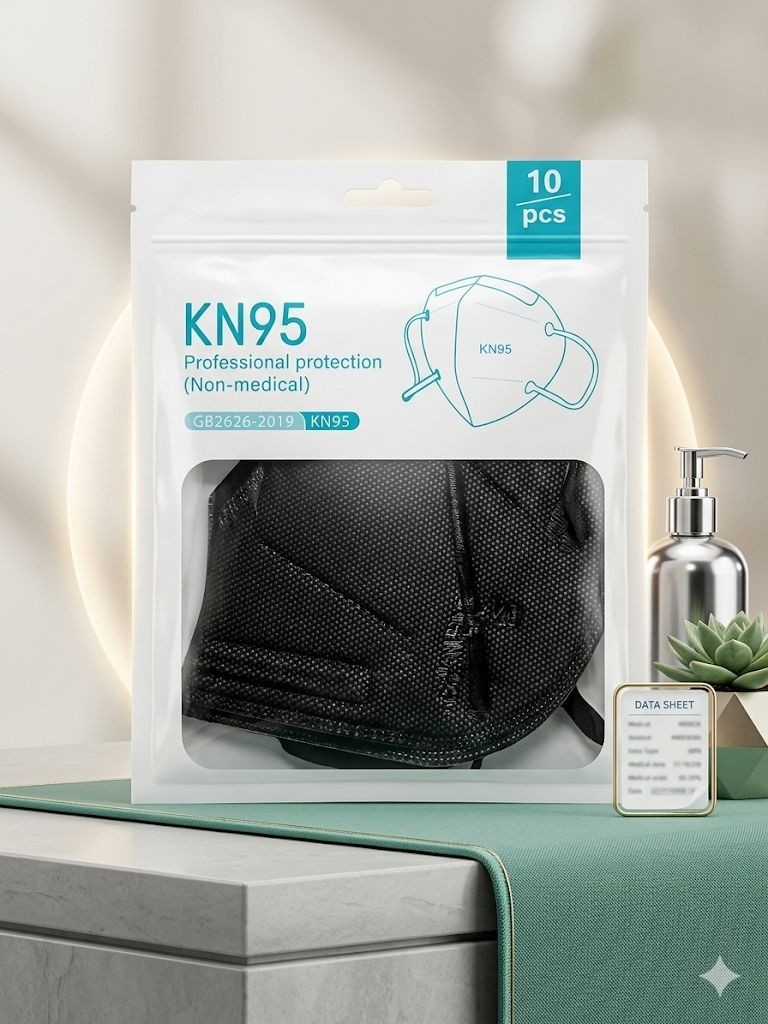 Black KN95 Face Mask 5 Layer Protection Disposable Breathable 10/50 Pack
