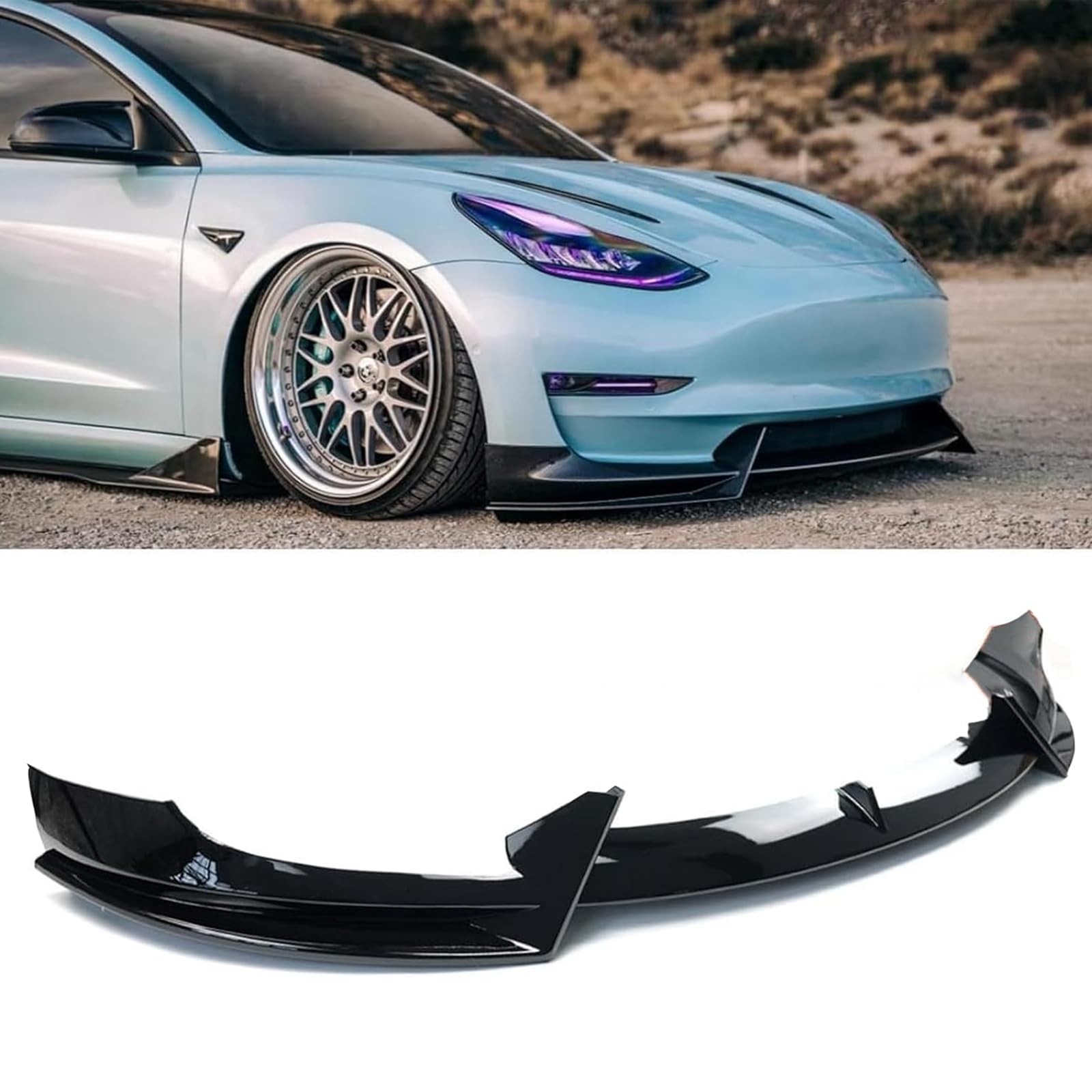 3Pcs V Style Front Lip Splitter Spoiler Glossy Black for Tesla Model 3 2017-2023