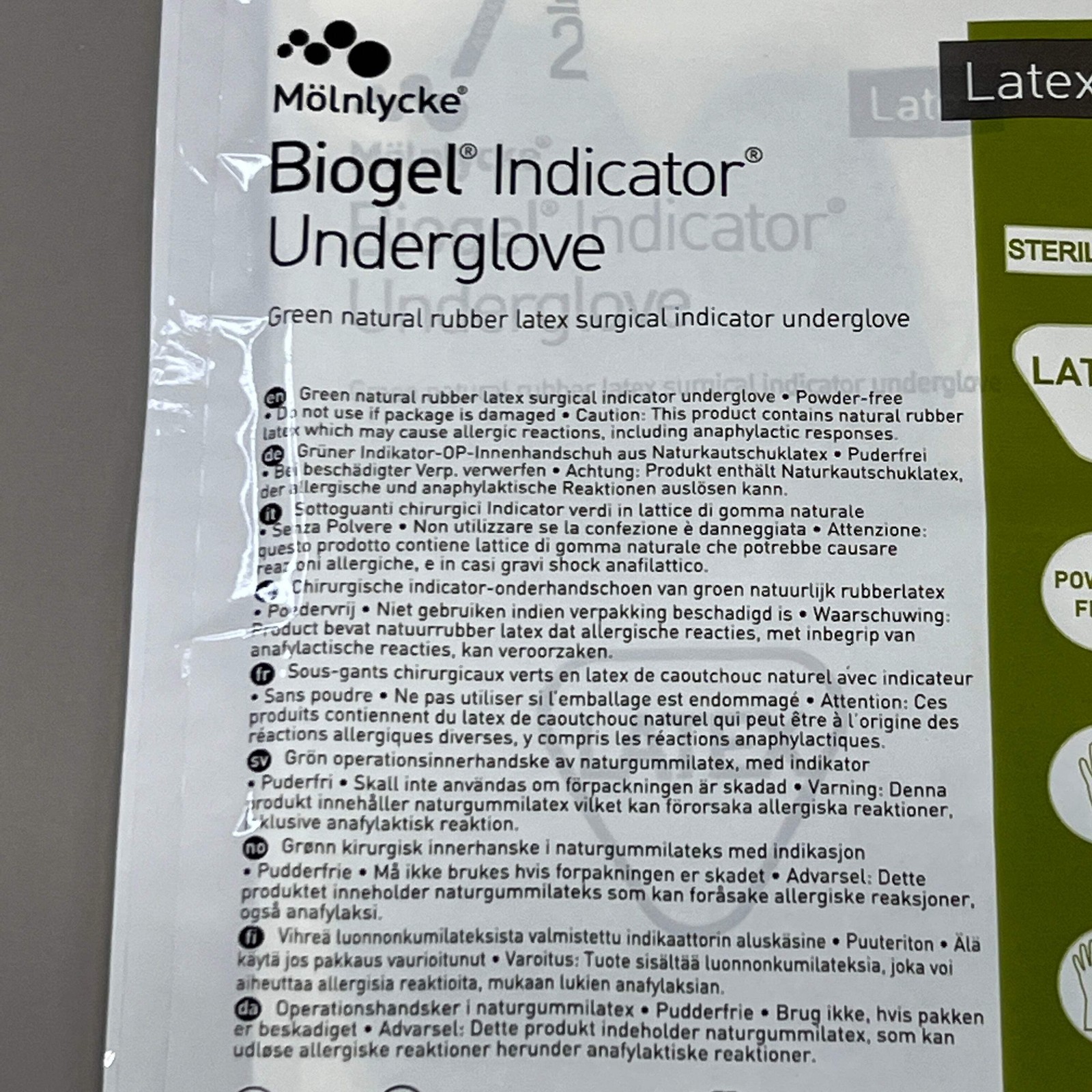 MOLNLYCKE Biogel Latex Surgical Indicator Underglove SZ 7.5 Green 50 Pairs 31275