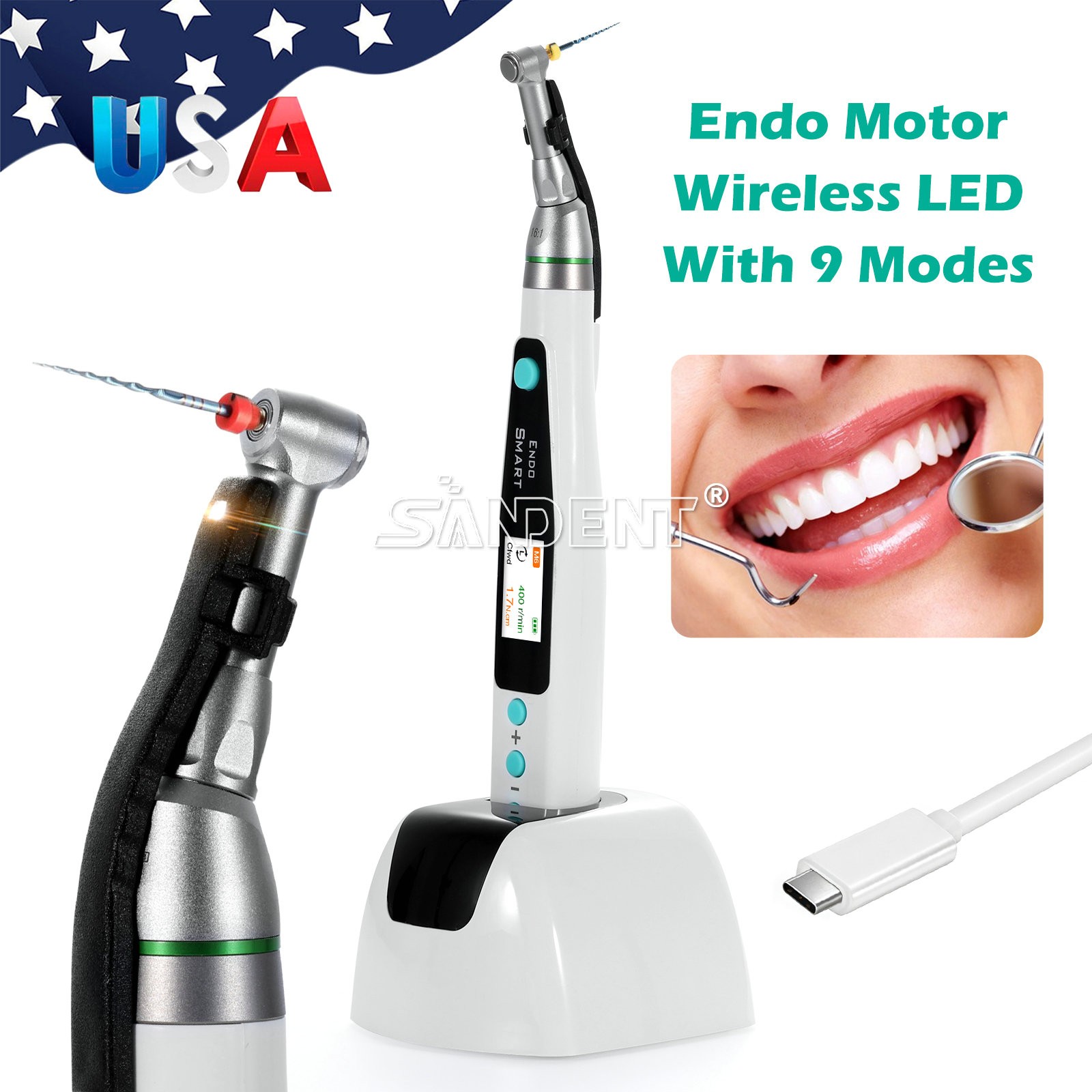 Smart Reciprocating LED Dental Endo Motor Root Canal Cordless / 1:1 16:1 Head