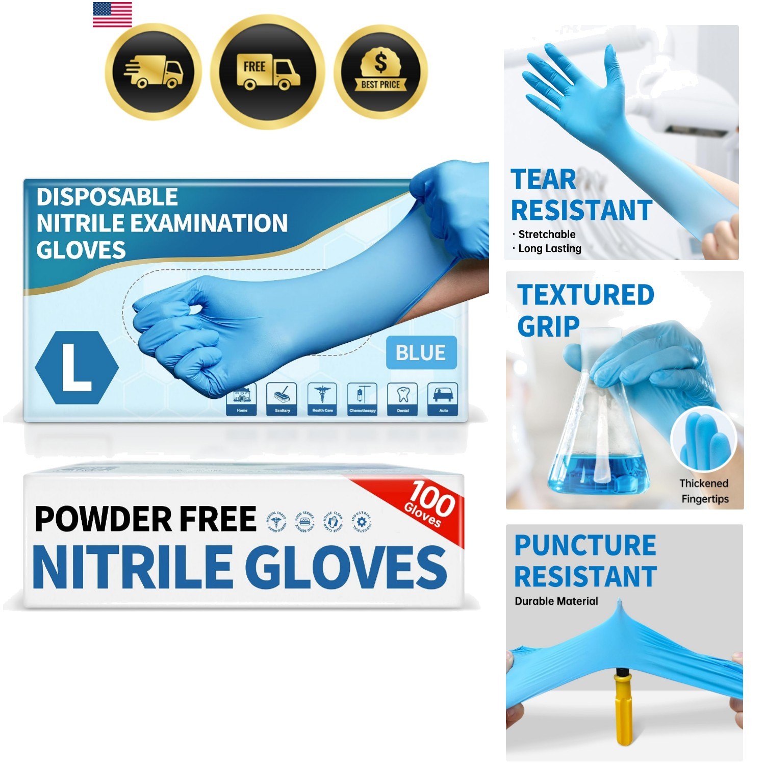 Medical Blue Nitrile Disposable Exam Gloves, 4.5 Mil 100 Pcs Powder-Free Late…