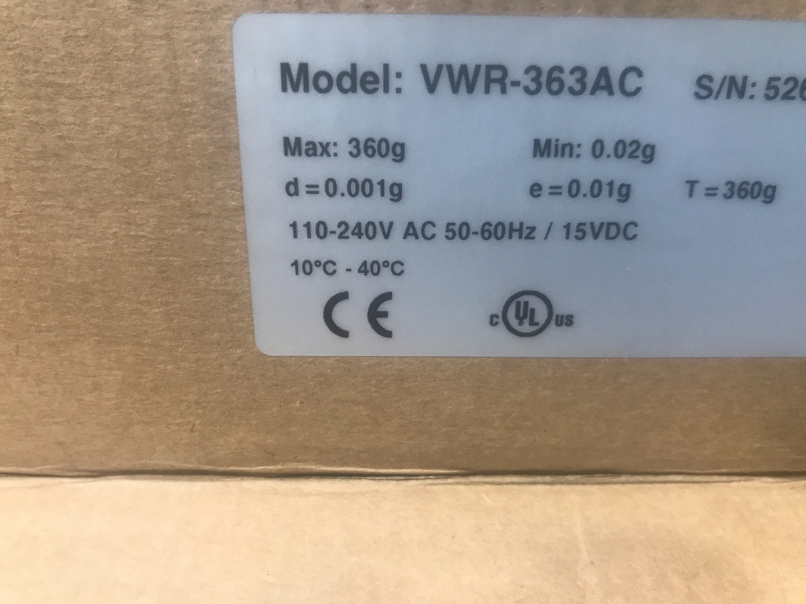 “NEW” VWR-363AC Analytical Balance 360g X 0.02mg (each) 110-240V AC 50-60HZ 15DC
