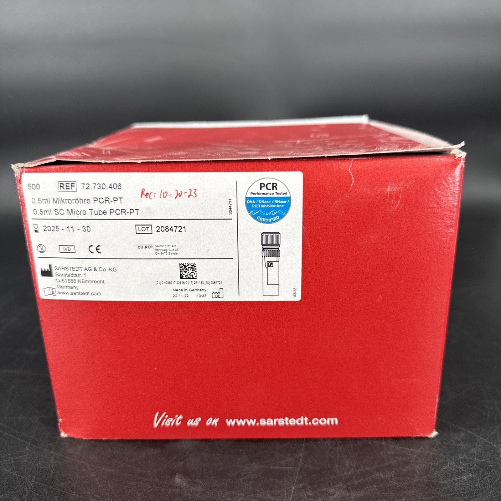 SARSTEDT REF 72.730.406 Micro Tube 0.5mL With Cap 500 PCR-PT