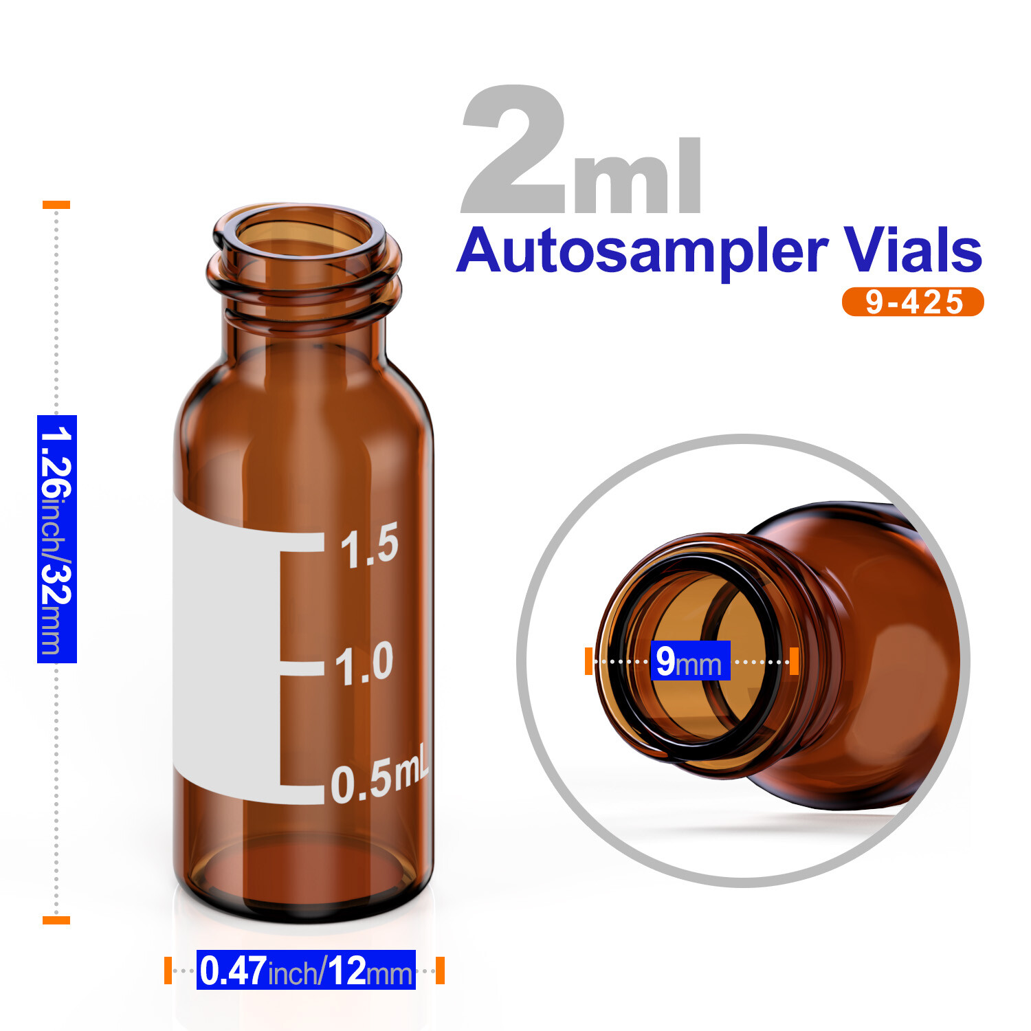 100Pcs 2ml 9-425 Small Glass HPLC Vials Bottles Amber Containers With Screw Caps