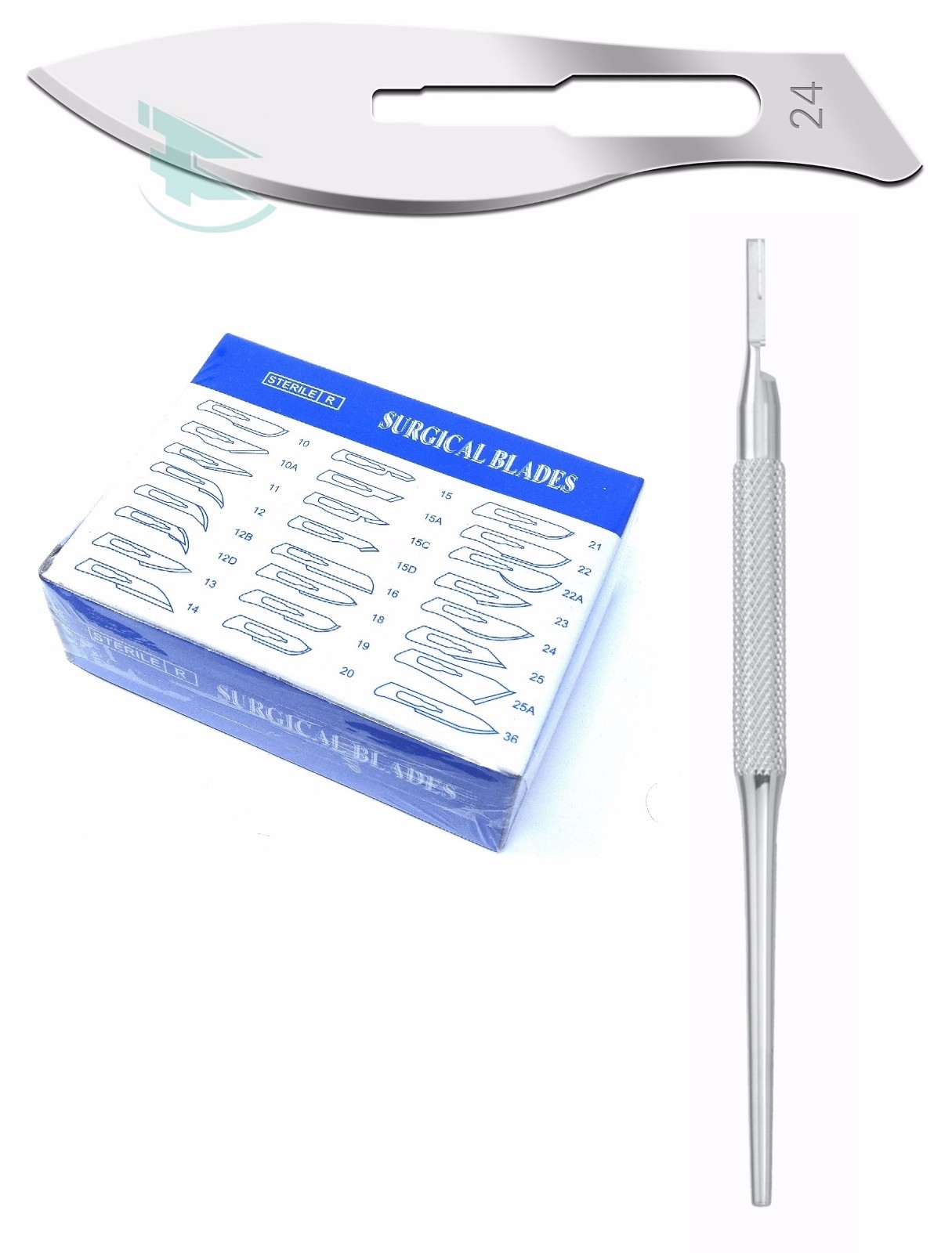 Lot of 50 Scalpel Blades #24 + #4 Metal Round Suitable Handle for Dermaplaning