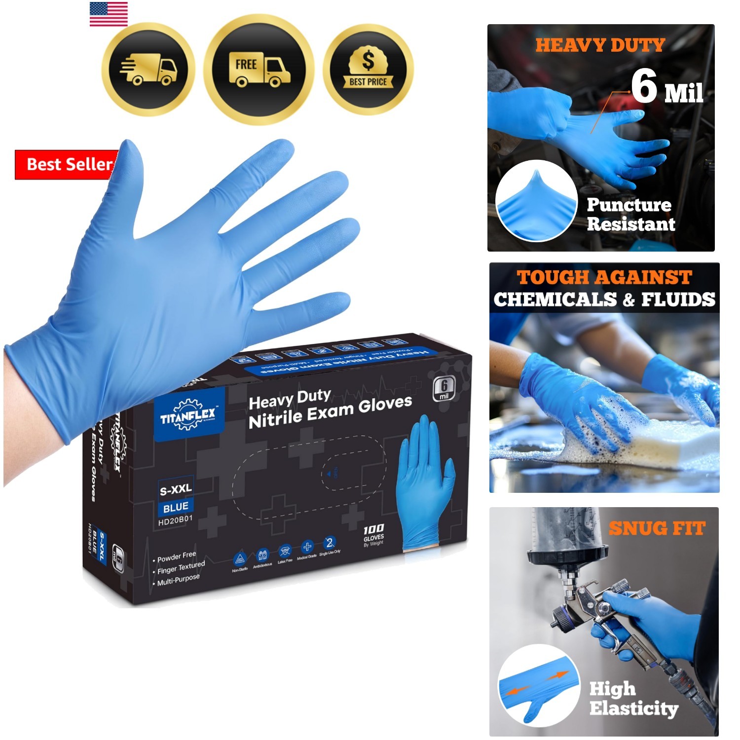 Nitrile Exam Gloves, Blue, 6-mil, Heavy Duty Nitrile Gloves, Mechanic Disposa…