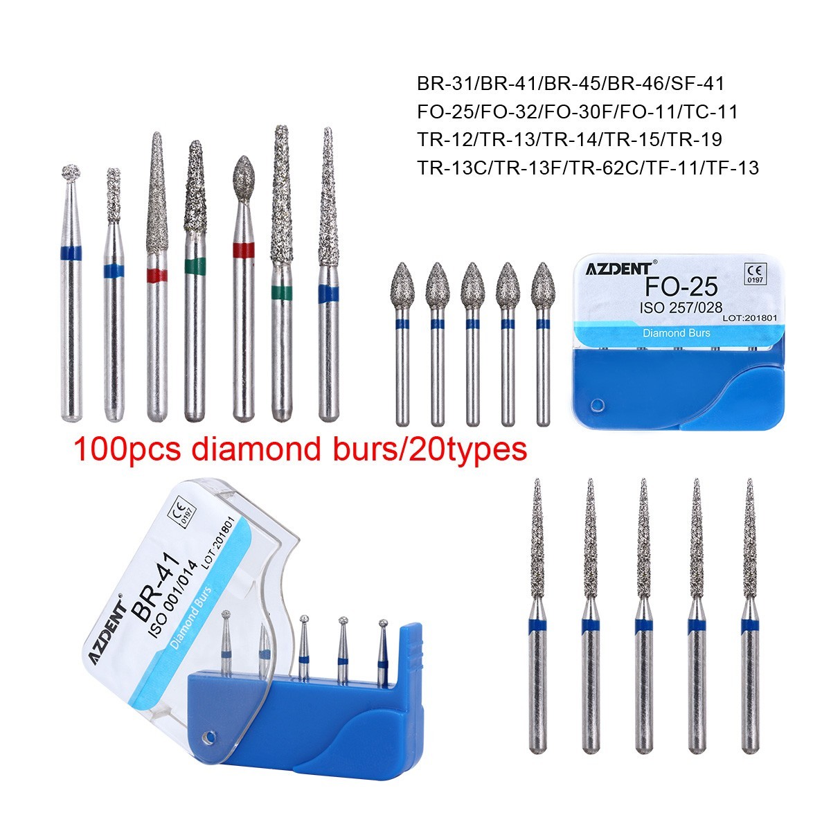 100Pcs Dental Diamond Burs High Speed Handpiece Friction Grip 20 Type FG AZDENT