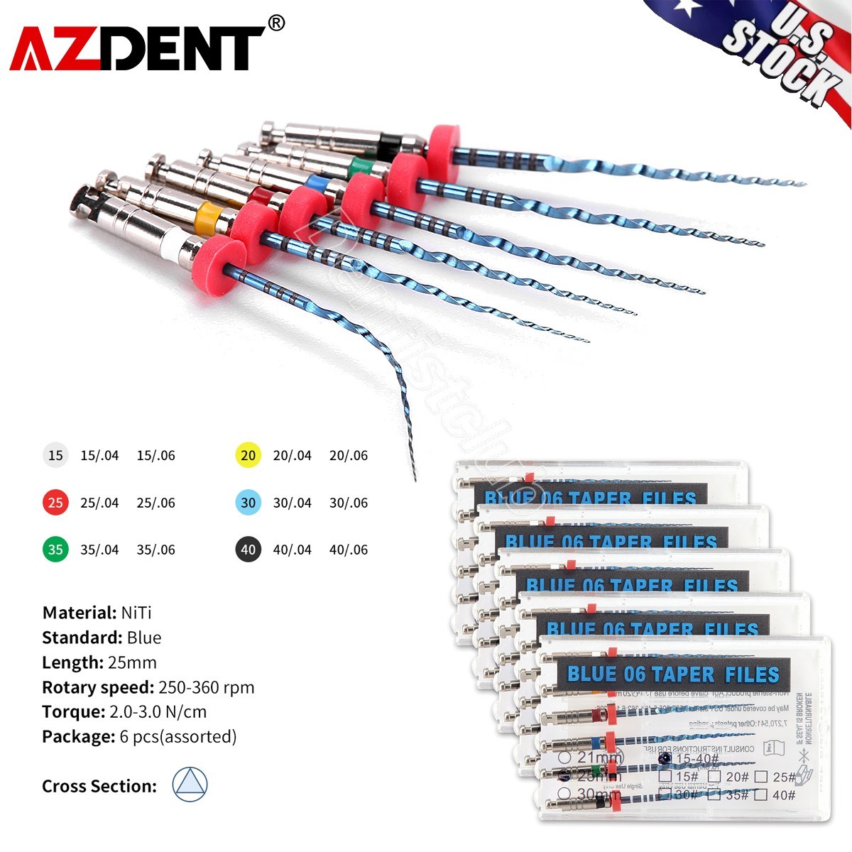 10X Dental V Blue Rotary NiTi Endo Files Root Canal Engine Use 0.06 #15-#40 25mm