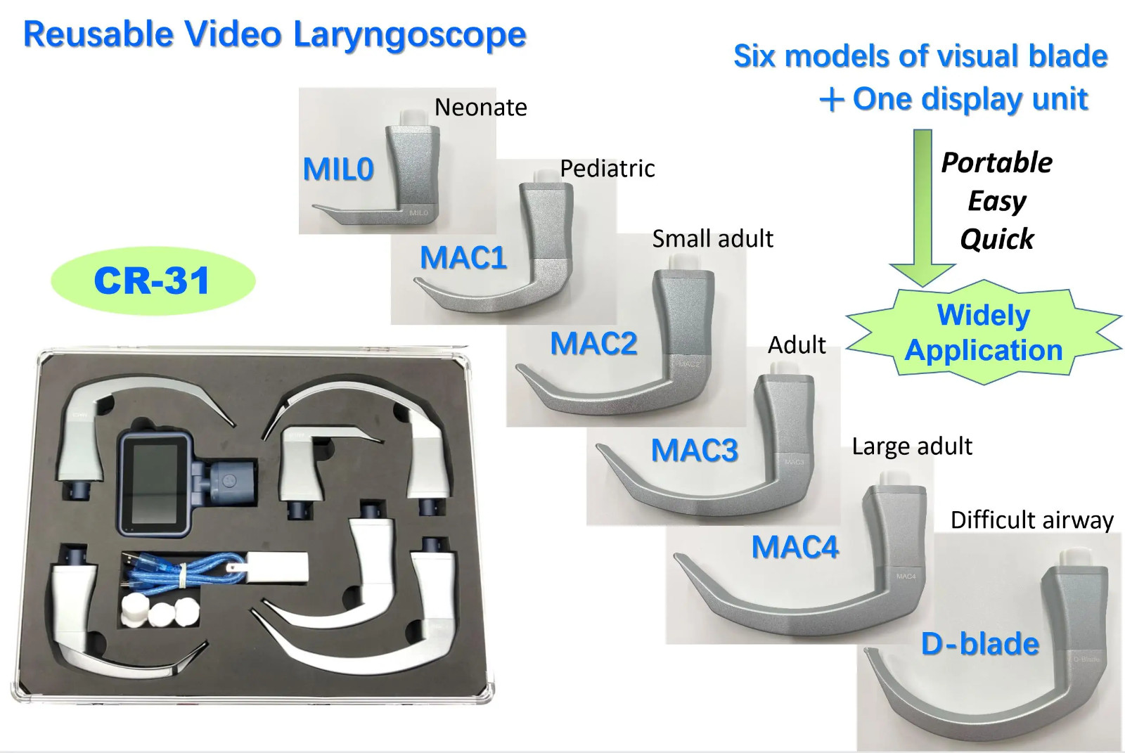 Touch Screen Video Laryngoscope Reusable Sterilizable Blades six option