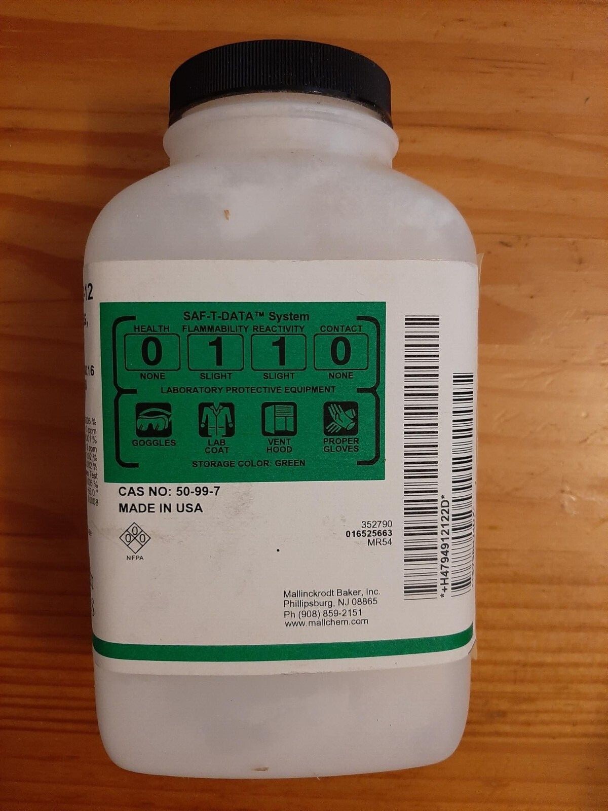 D-glucose, anhydrous, granular, ACS, Mallinckrodt Chemicals, 4912-12, 180g