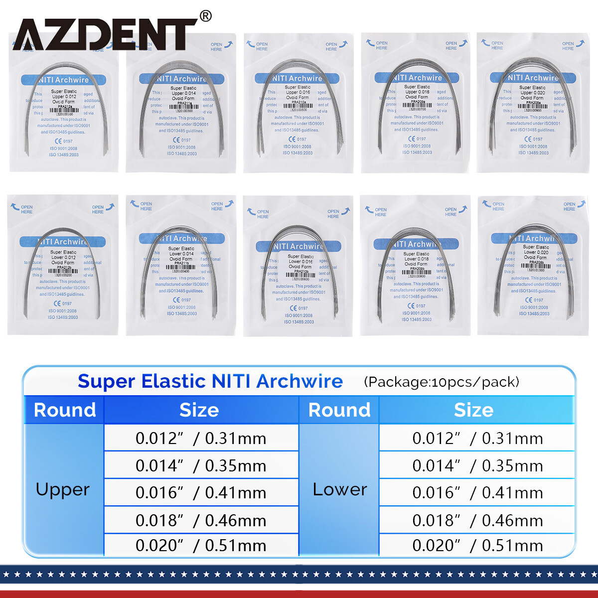 AZDENT Dental Orthodontic Super Elastic Round Arch Wires Ovoid Form for Braces