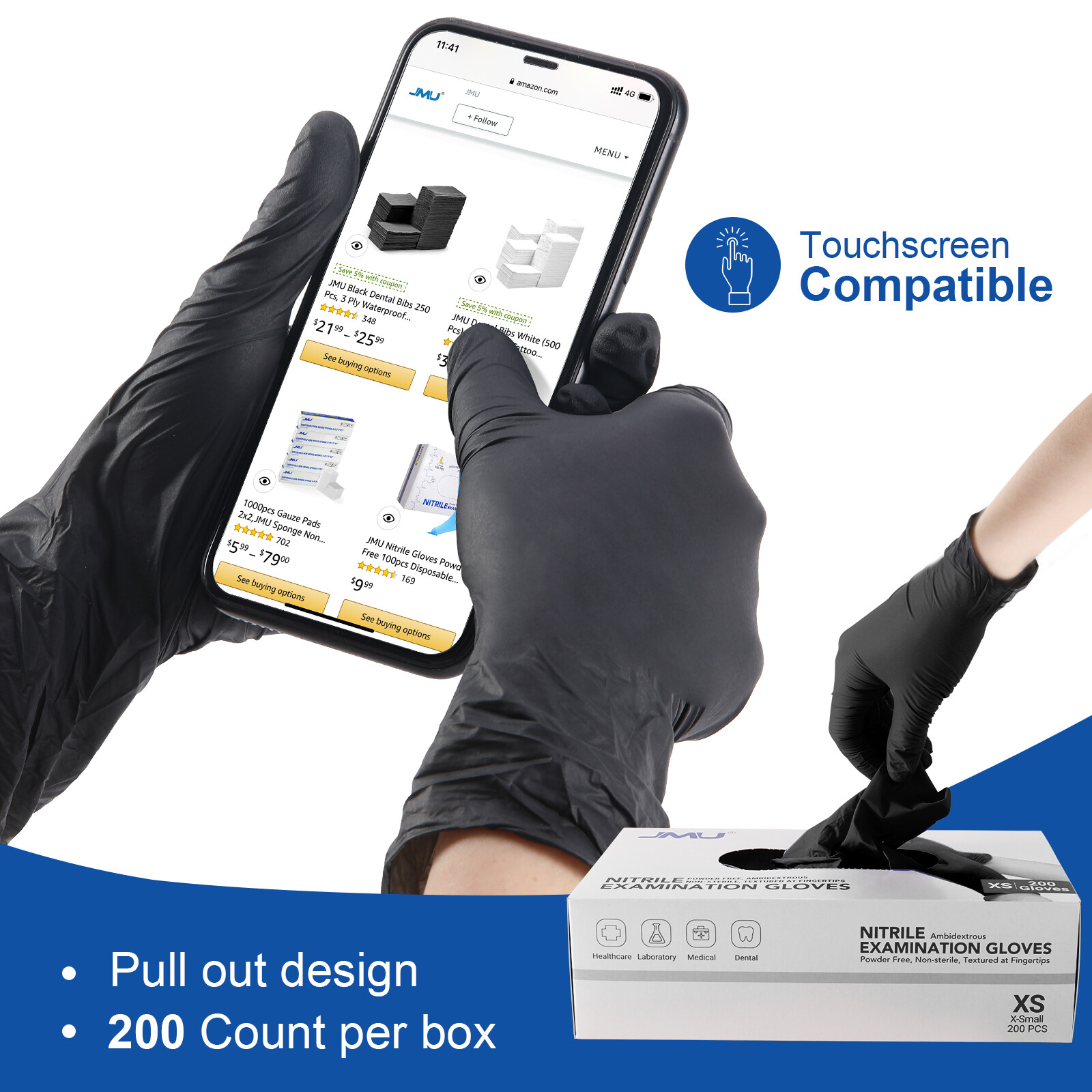JMU Nitrile Disposable Gloves Powder Latex Free 3.5 Mil XS-XL Up to 4000pcs