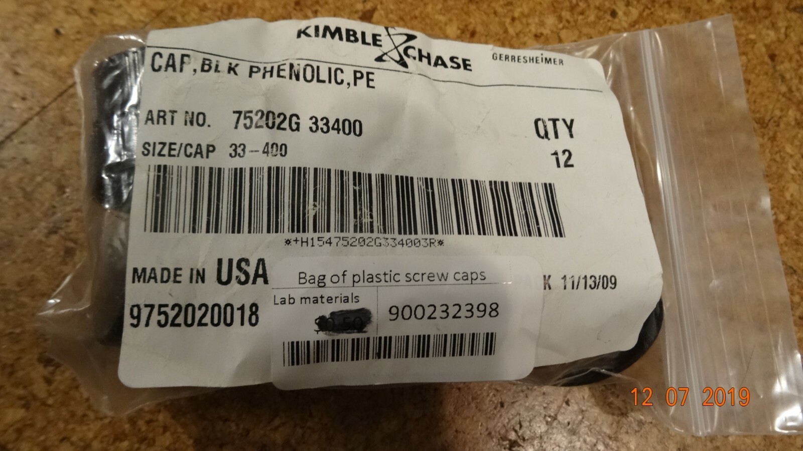 KIMBLE 75202G-33400 Cap,Polyethylene Liner,33-400, PK12 MULT AVAIL